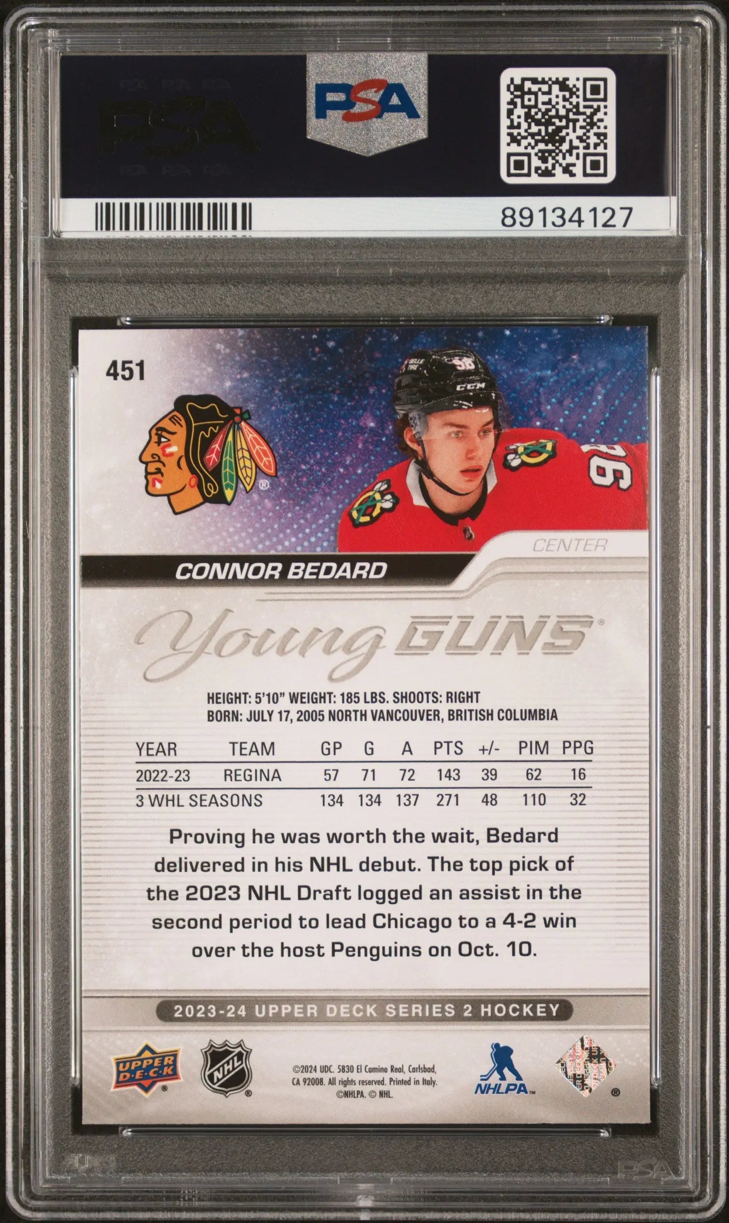 2023-24 Upper Deck Series 2 Hockey Connor Bedard Young Guns RC PSA 9 