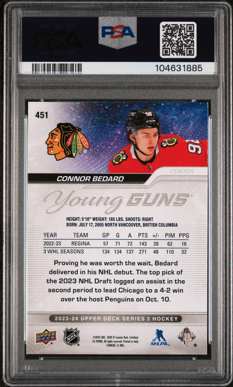 2023-24 Upper Deck Series 2 Hockey Connor Bedard Young Guns RC PSA 9 