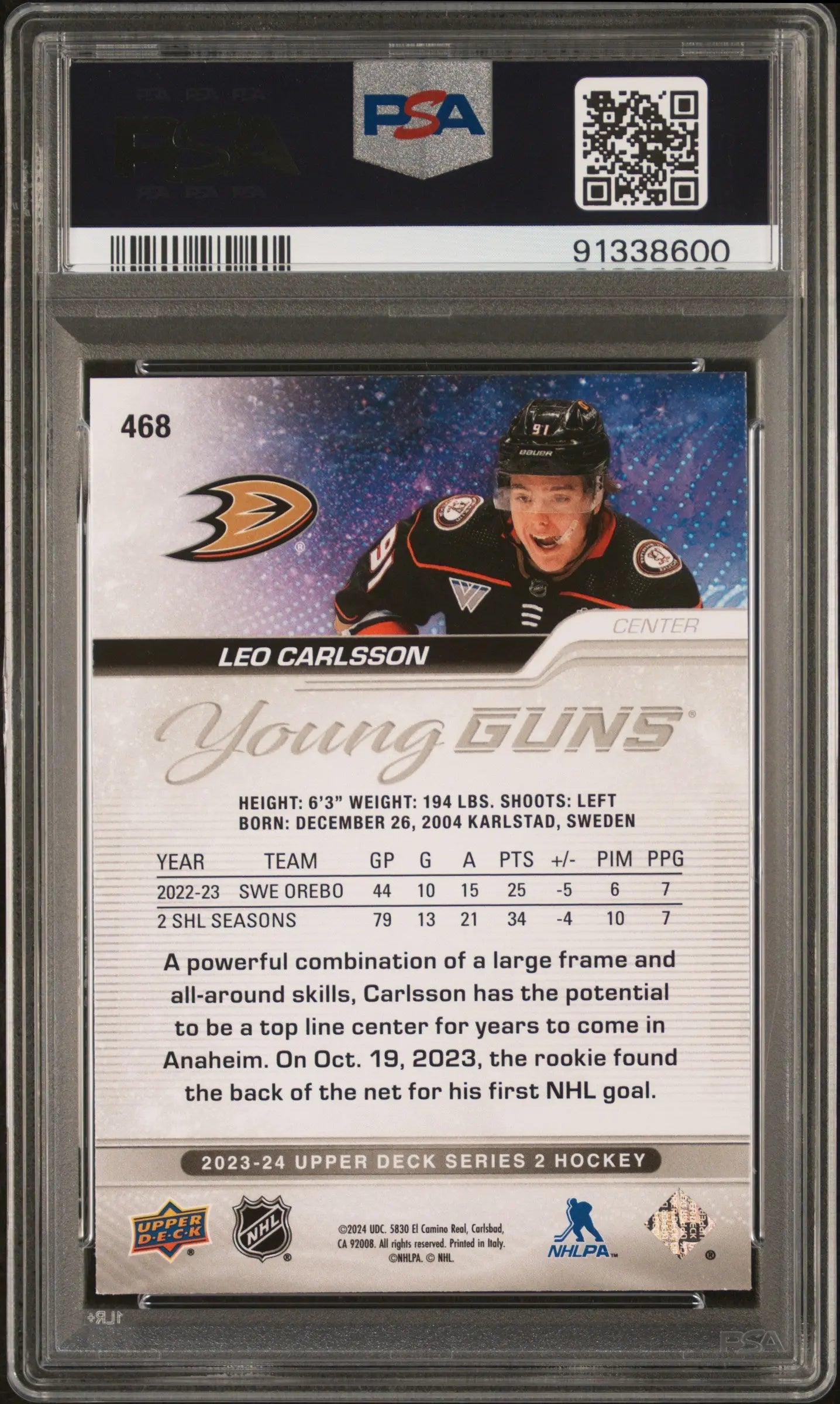 2023-24 Upper Deck Series 2 Hockey Leo Carlsson Young Guns PSA 9 