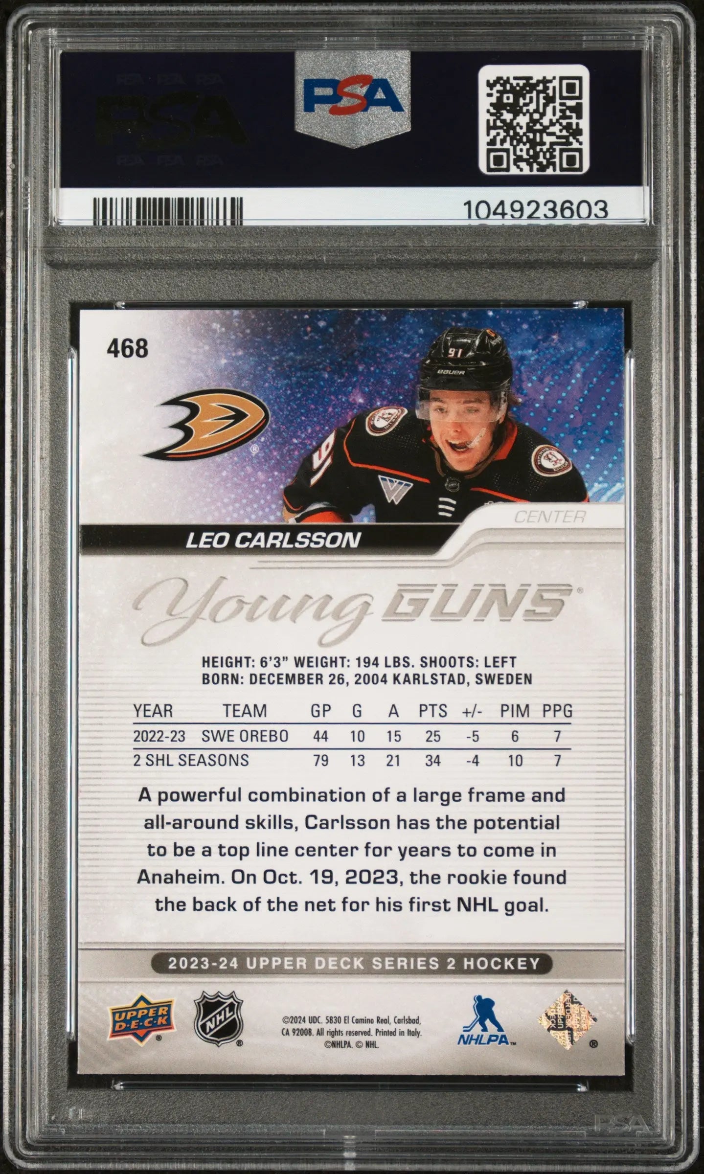 2023-24 Upper Deck Series 2 Hockey Leo Carlsson Young Guns RC PSA 10 