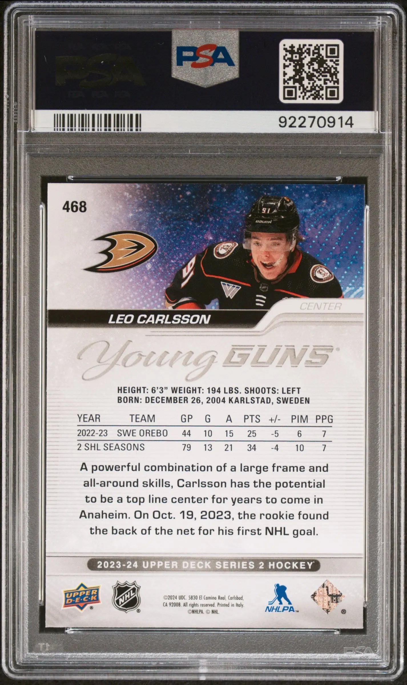 2023-24 Upper Deck Series 2 Hockey Leo Carlsson Young Guns RC PSA 10 