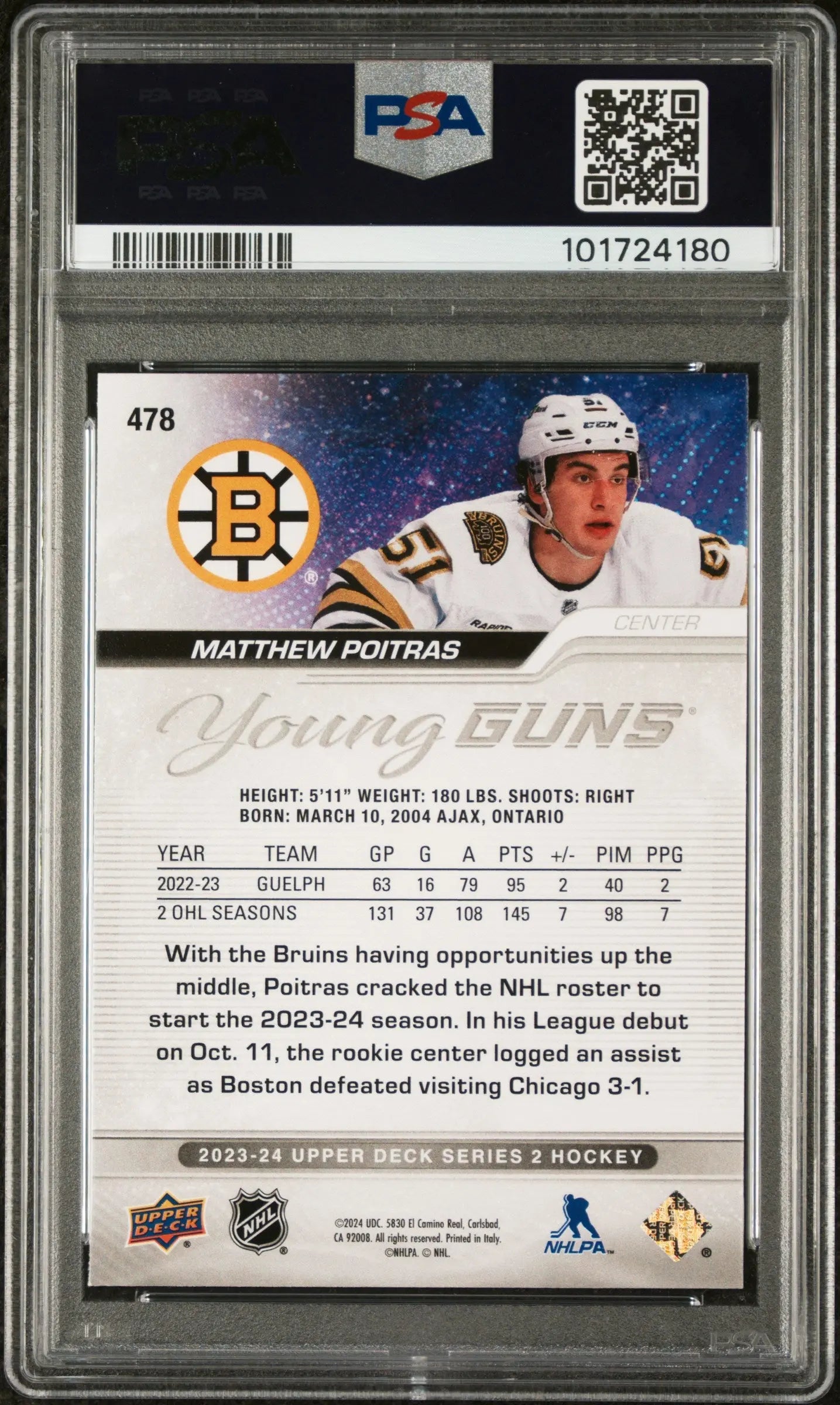 2023-24 Upper Deck Series 2 Hockey Matthew Poitras Young Guns PSA 9 