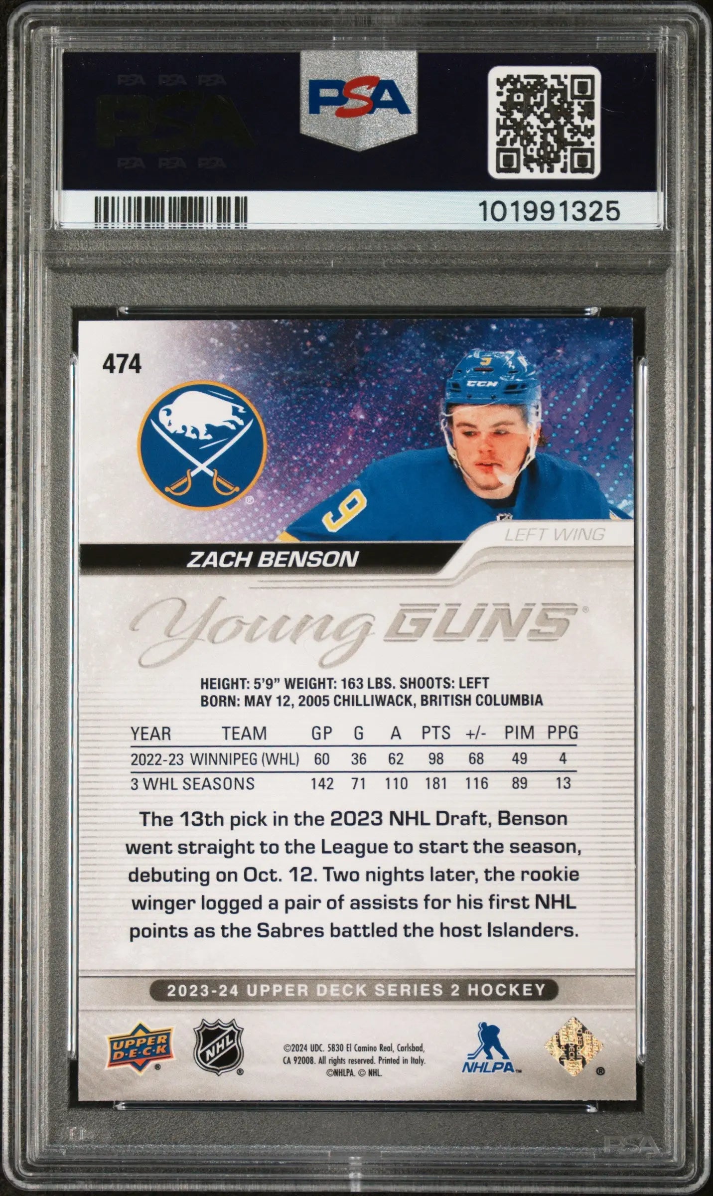 2023-24 Upper Deck Series 2 Hockey Zach Benson Young Guns PSA 10 