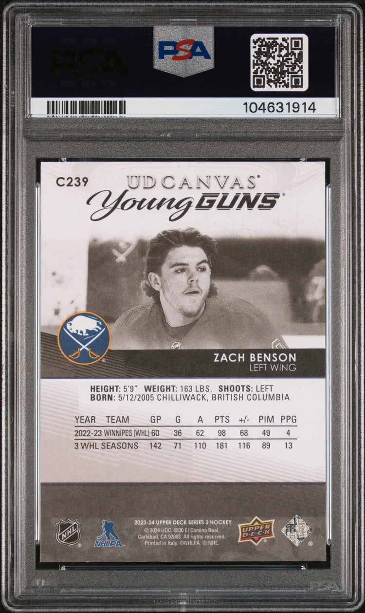 2023-24 Upper Deck Series 2 UD Canvas Young Guns RC B&W Zach Benson PSA 10 