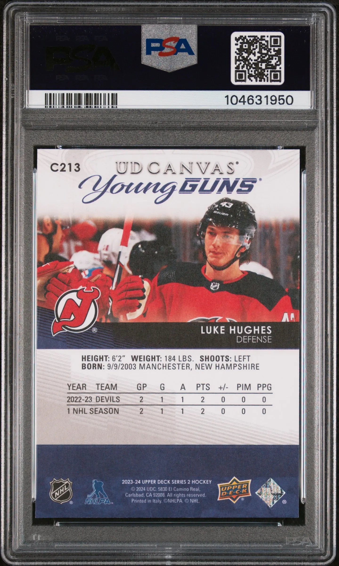 2023-24 Upper Deck Series 2 UD Canvas Young Guns RC Luke Hughes PSA 10 