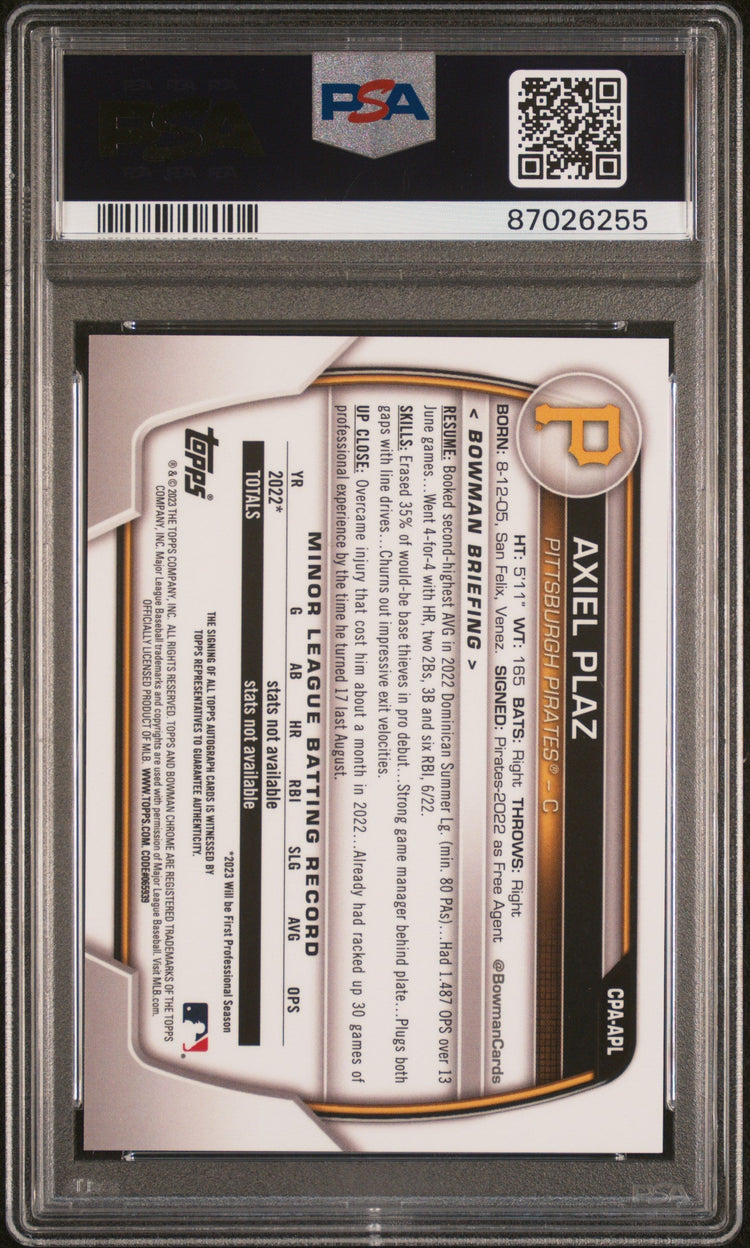 2023 Bowman Chrome Prospect Psa 10 Axiel Plaz Orange Shimmer Autograph 24 25 2