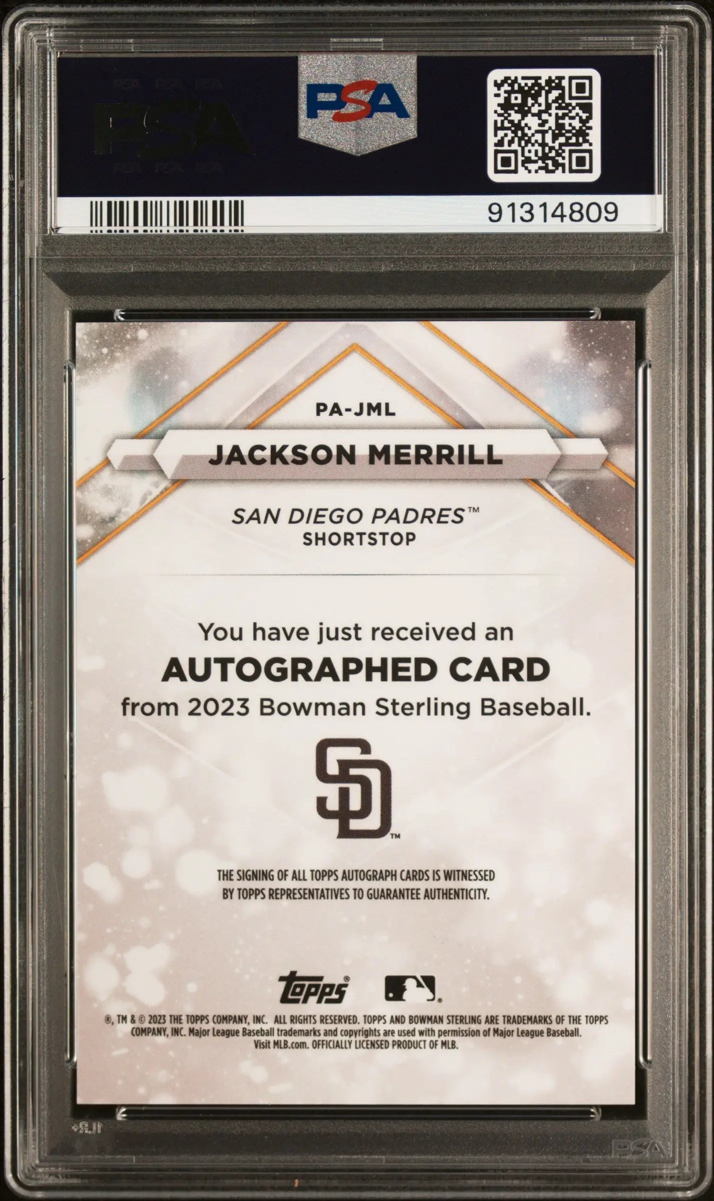 2023 Bowman Sterling Baseball Prospect Autographs Jackson Merrill PSA 9 