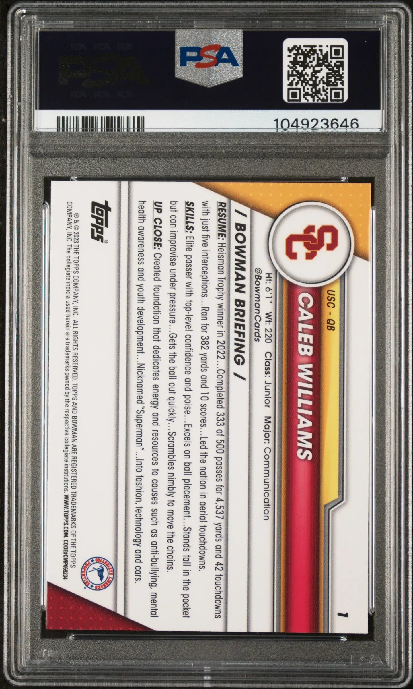 2023 Bowman University Chrome Sapphire Caleb Williams #1 PSA 10 