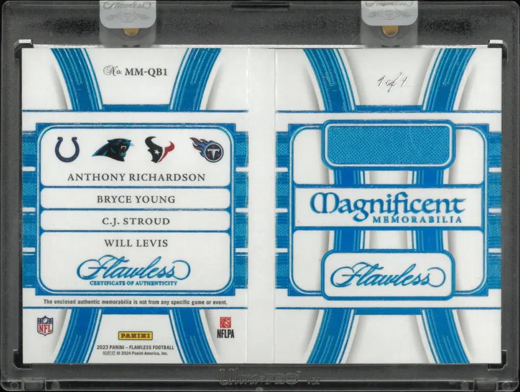 2023 Flawless Football Richardson Young Stroud Levis Magnificent Quad NFL Shield Booklet 1/1 