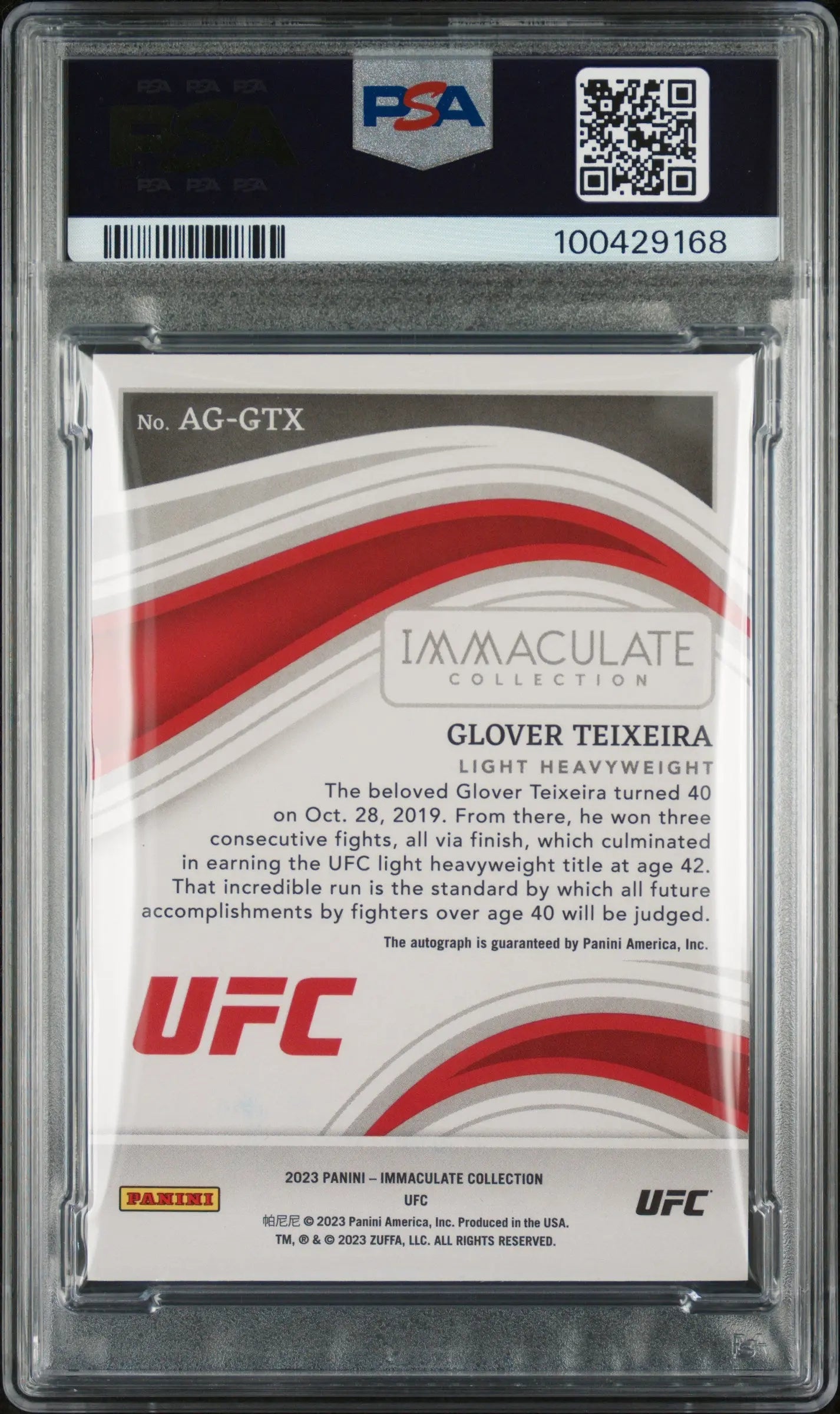 2023 Immaculate UFC All Time Greats Signatures Red Glover Teixeira PSA 9 /25 