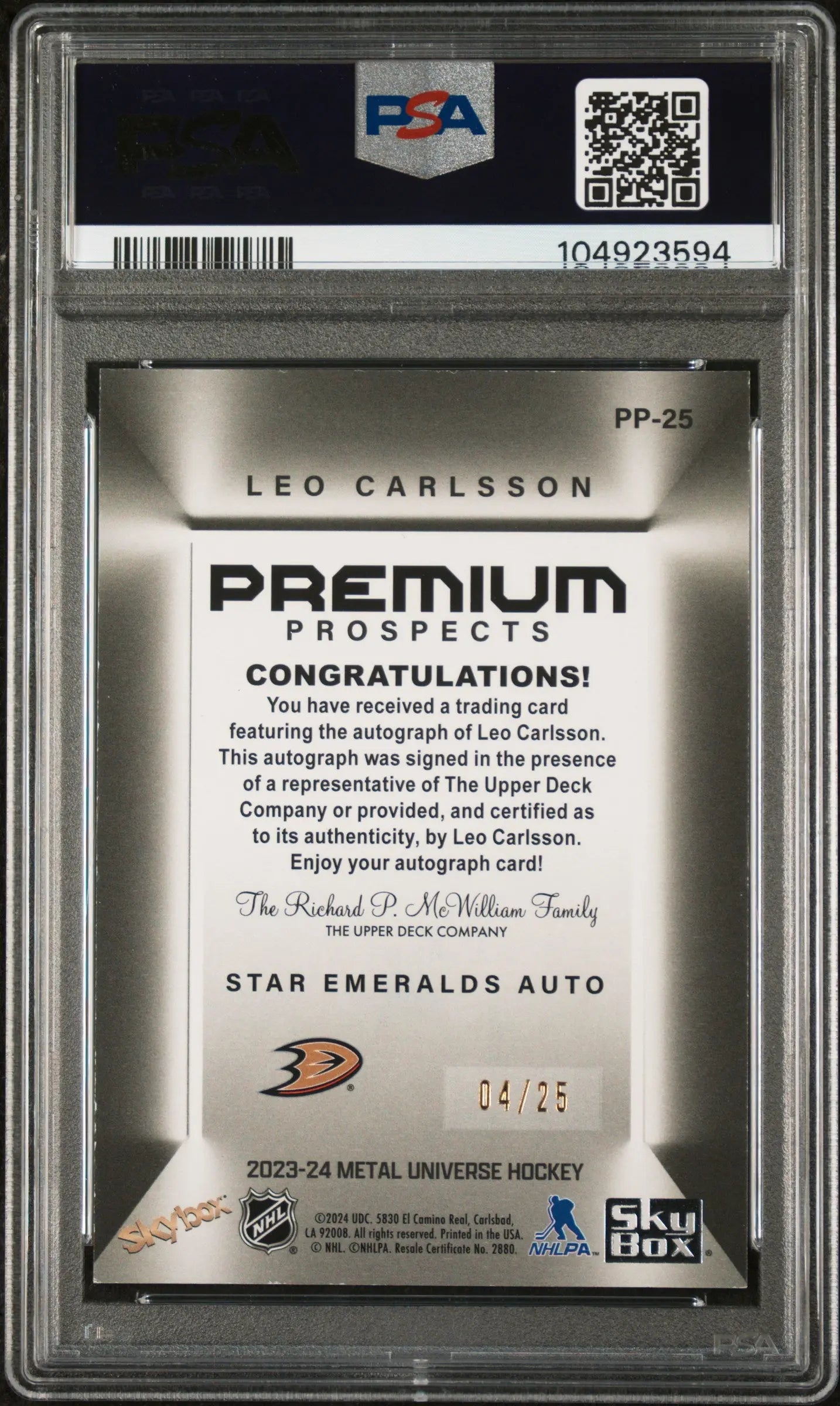 2023 Metal Universe Premium Prospects Emerald Stars Auto Leo Carlsson PSA 9 /25 