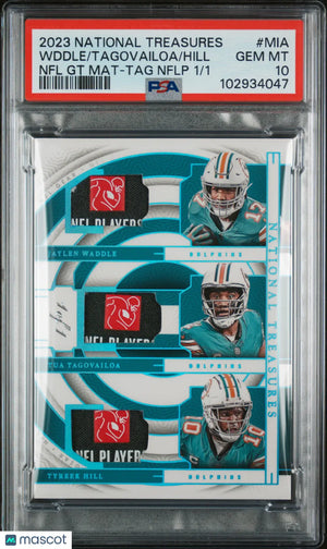 2023 National Treasures NFL Trio Materials Tag Hill Tagovailoa Waddle PSA 10 1/1 