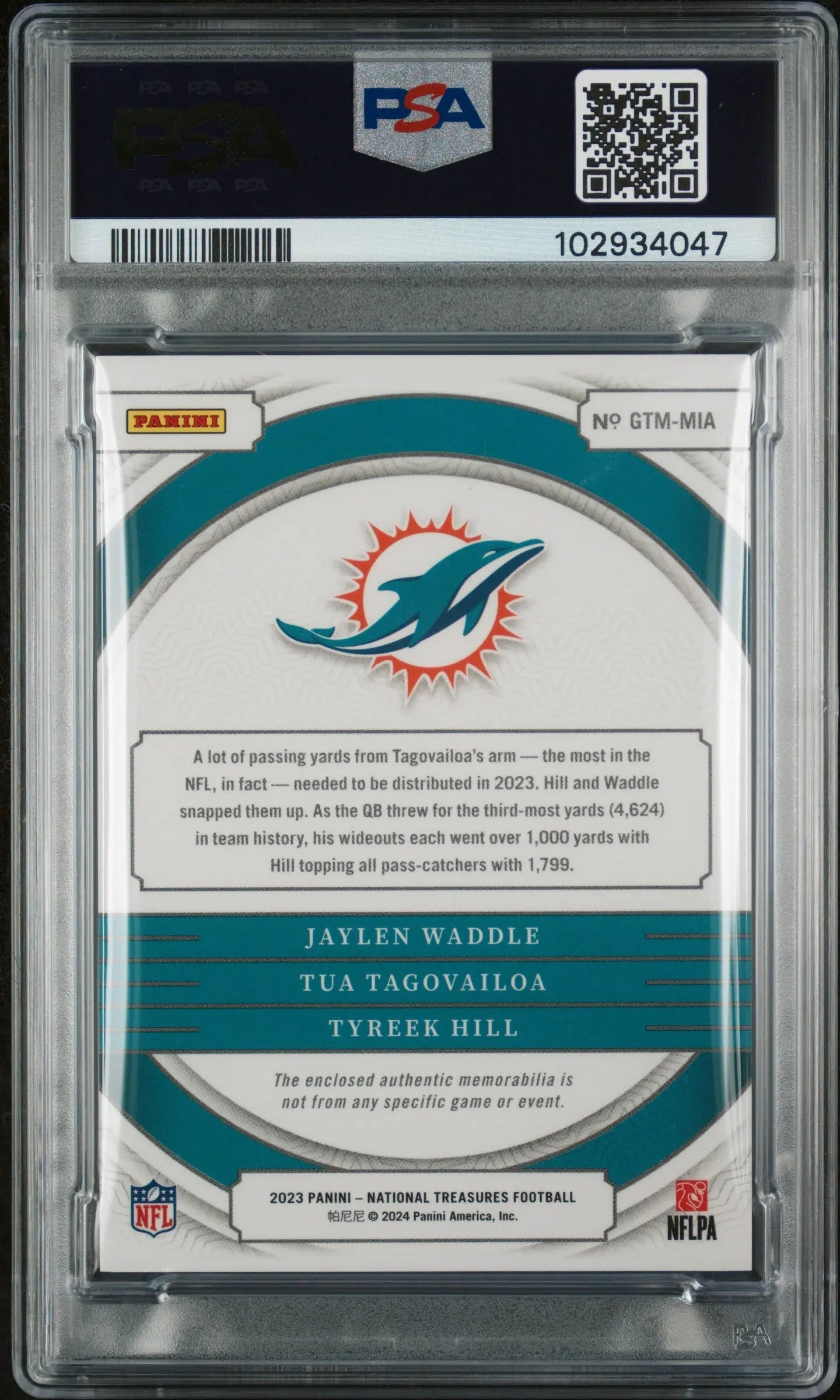 2023 National Treasures NFL Trio Materials Tag Hill Tagovailoa Waddle PSA 10 1/1 