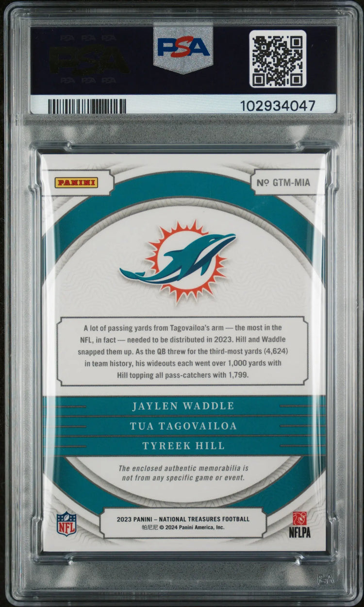 2023 National Treasures NFL Trio Materials Tag Hill Tagovailoa Waddle PSA 10 1/1 