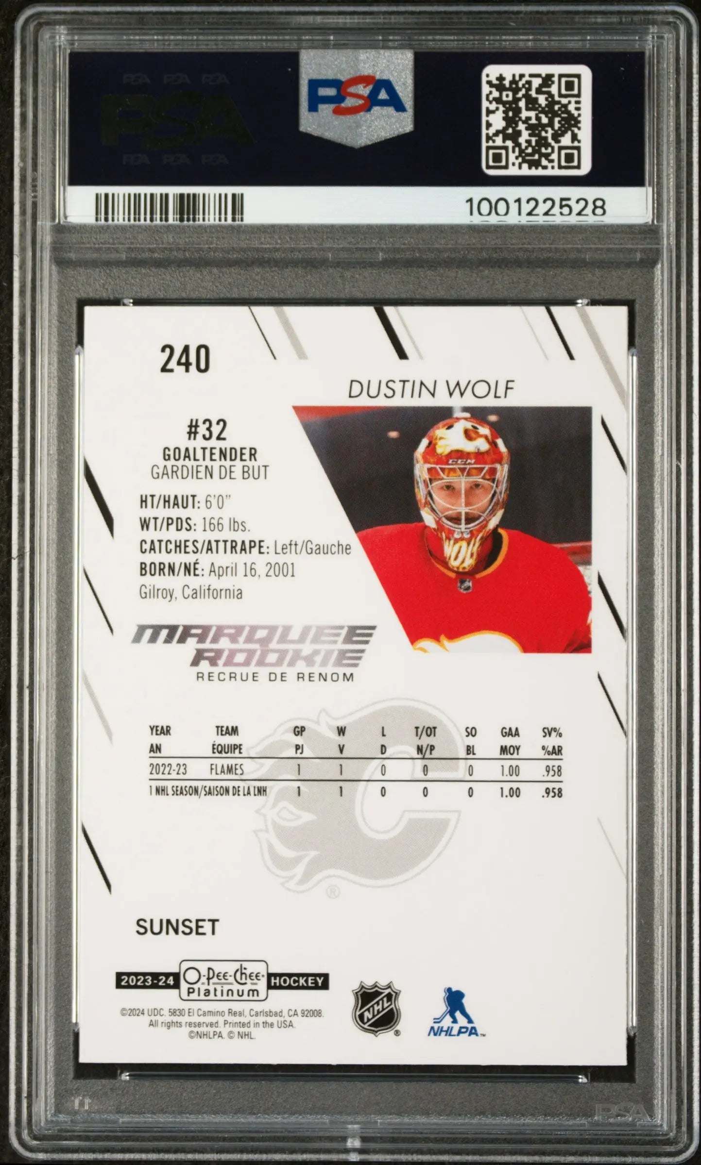 2023 O-Pee-Chee Platinum Dustin Wolf Marquee Rookie Sunset PSA 9 