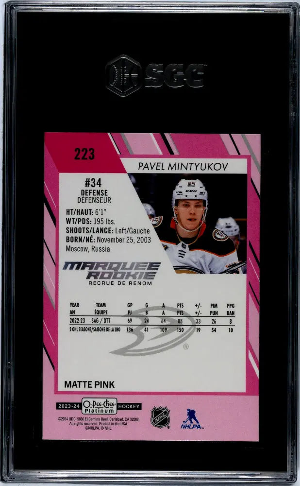 2023 O-Pee-Chee Platinum Pavel Mintyukov Marquee Rookie Matte Pink SGC 9 