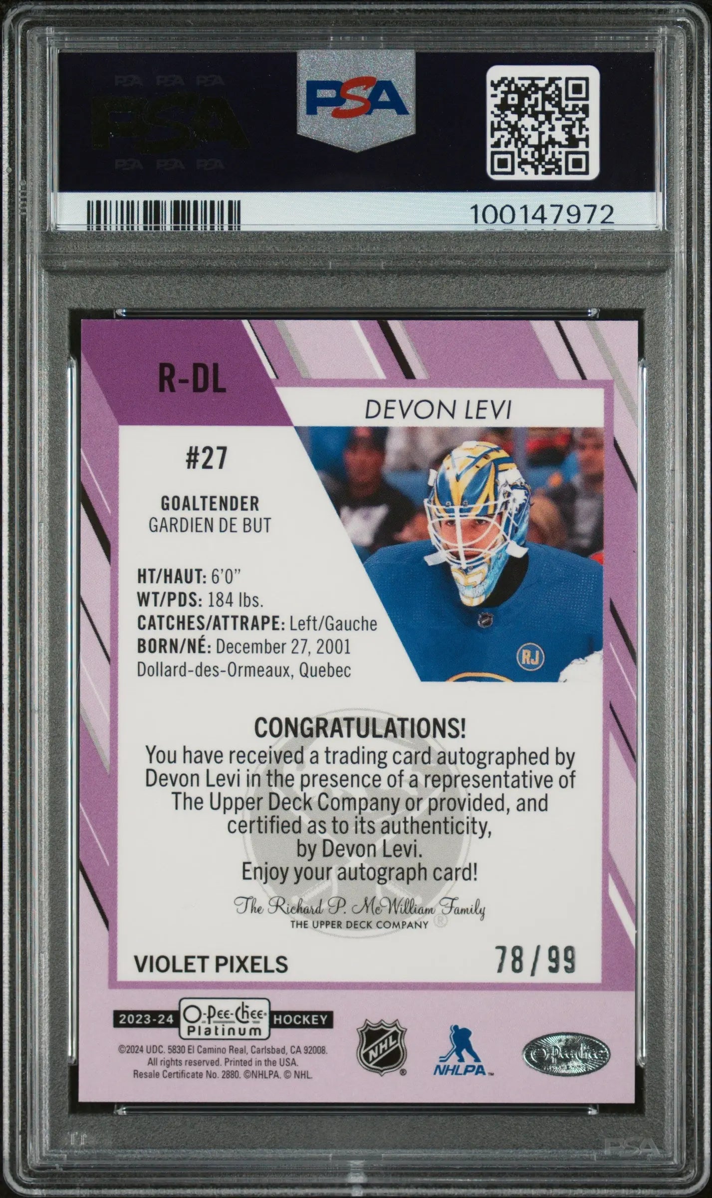 2023 O-Pee-Chee Platinum Rookie Autographs Devon Levi Violet Pixels PSA 10 /99 