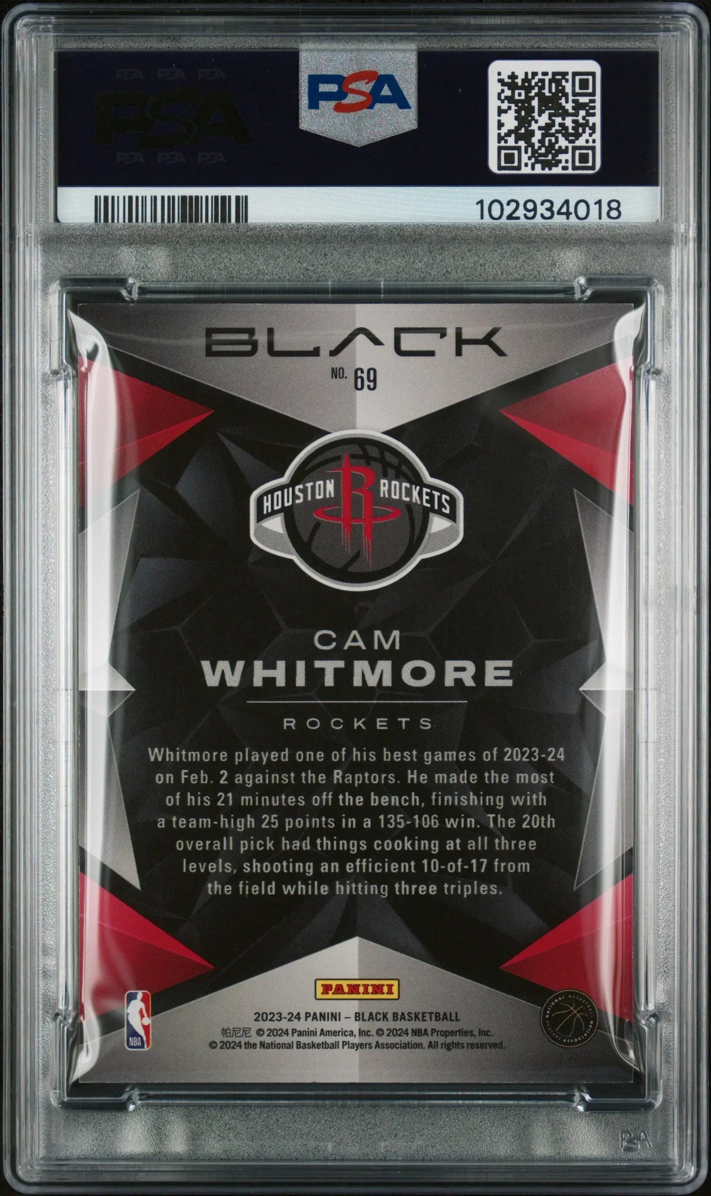 2023 Panini Black Basketball Cam Whitmore RC Rookie Quartz PSA 8 /8 