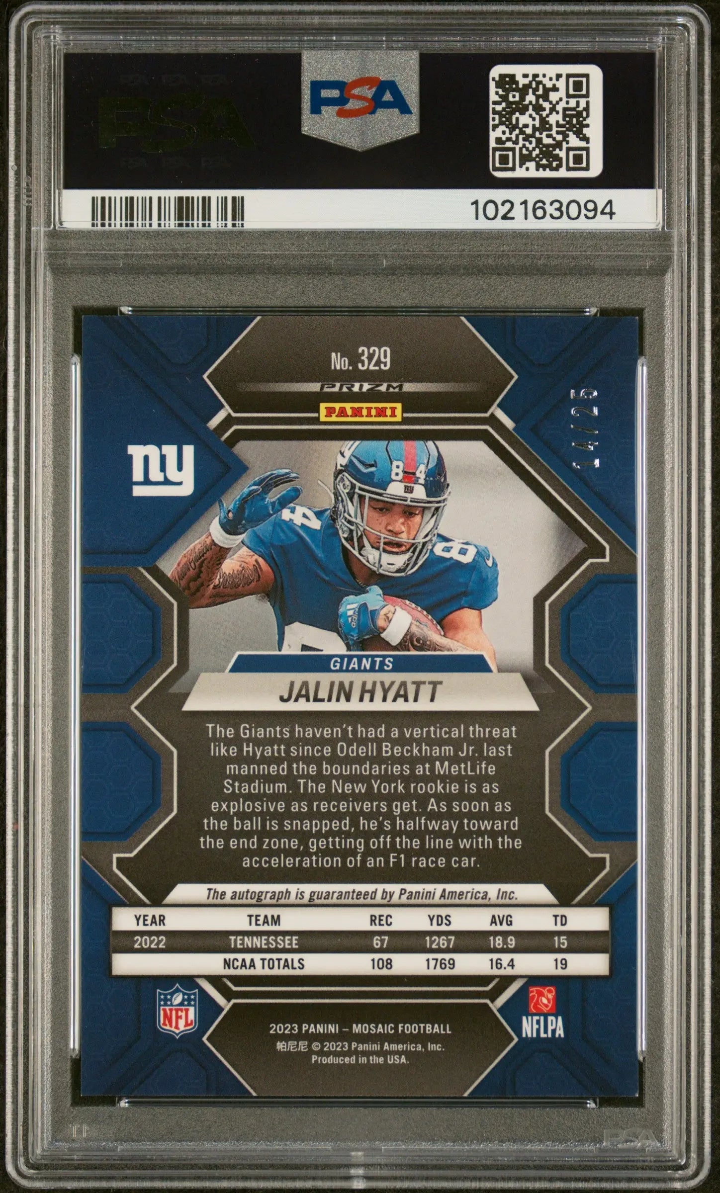 2023 Panini Mosaic Jalin Hyatt RC Rookie Auto White Prizm PSA 9 /25 