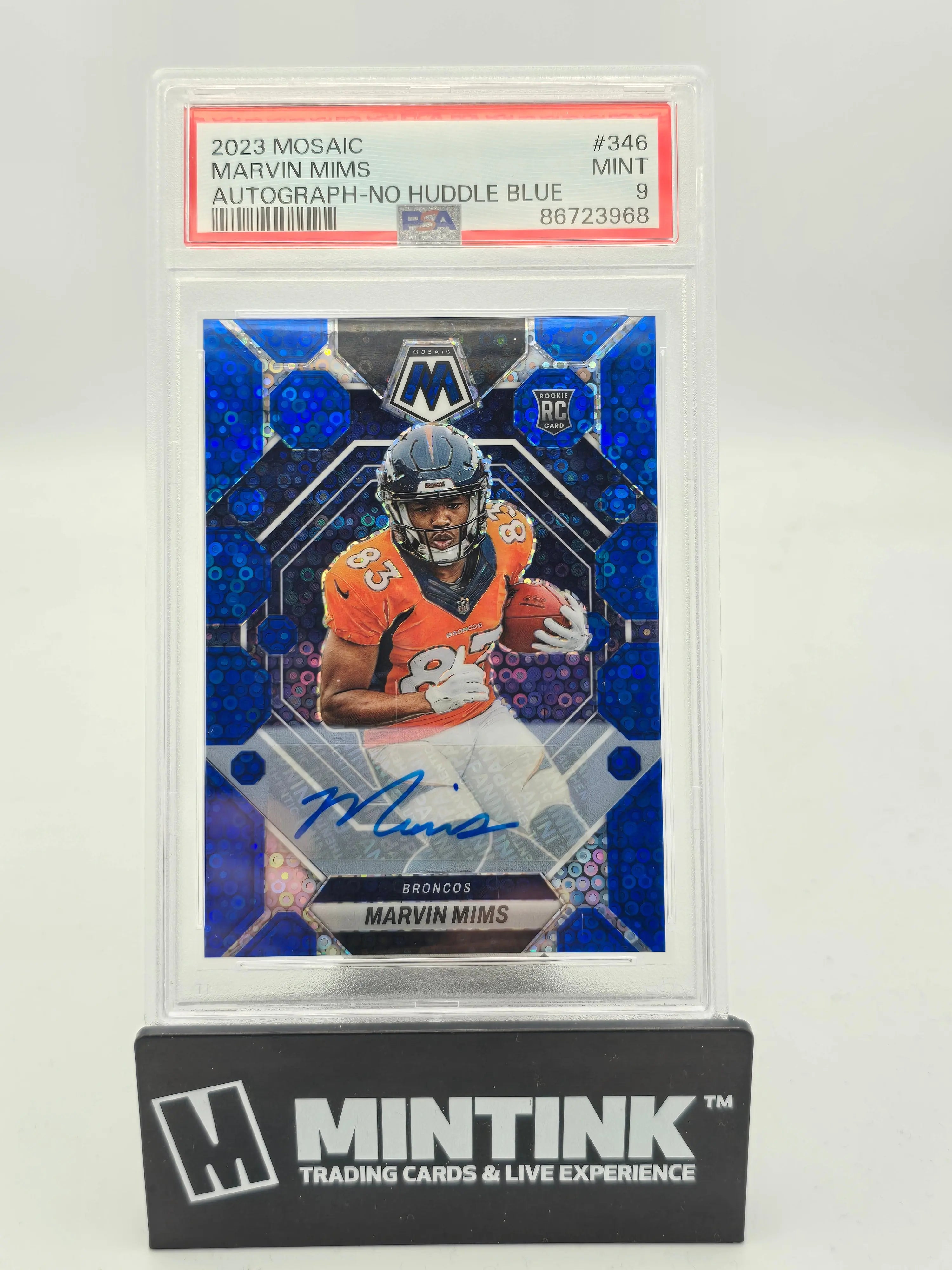 2023 Panini Mosaic Marvin Mims RC Rookie No Huddle Blue Prizm Auto PSA 9 