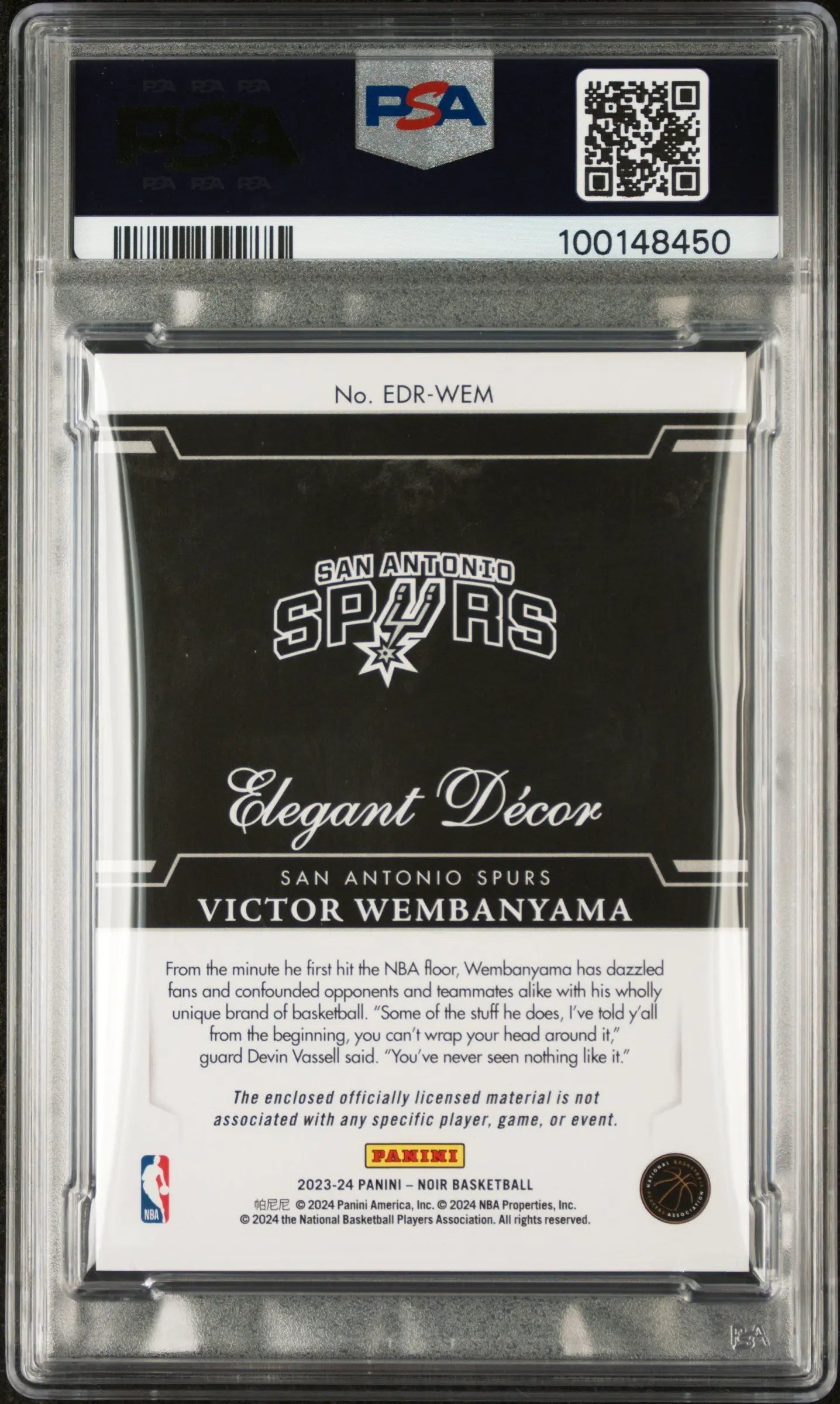 2023 Panini Noir Elegant Decor Rookie Jersey Holo Victor Wembanyama PSA 9 /25 