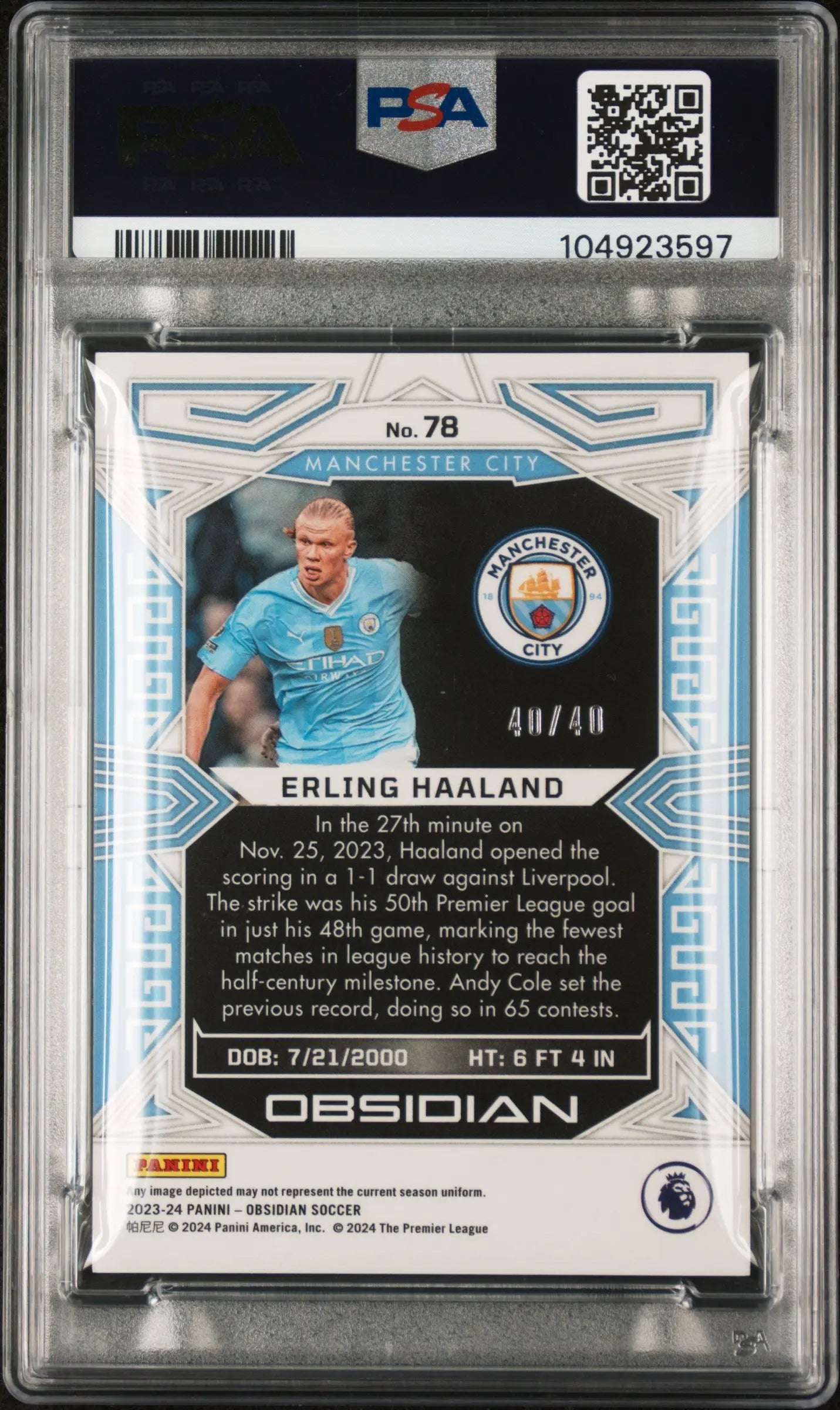 2023 Panini Obsidian Soccer Erling Haaland Electric Etch Orange PSA 9 40/40 