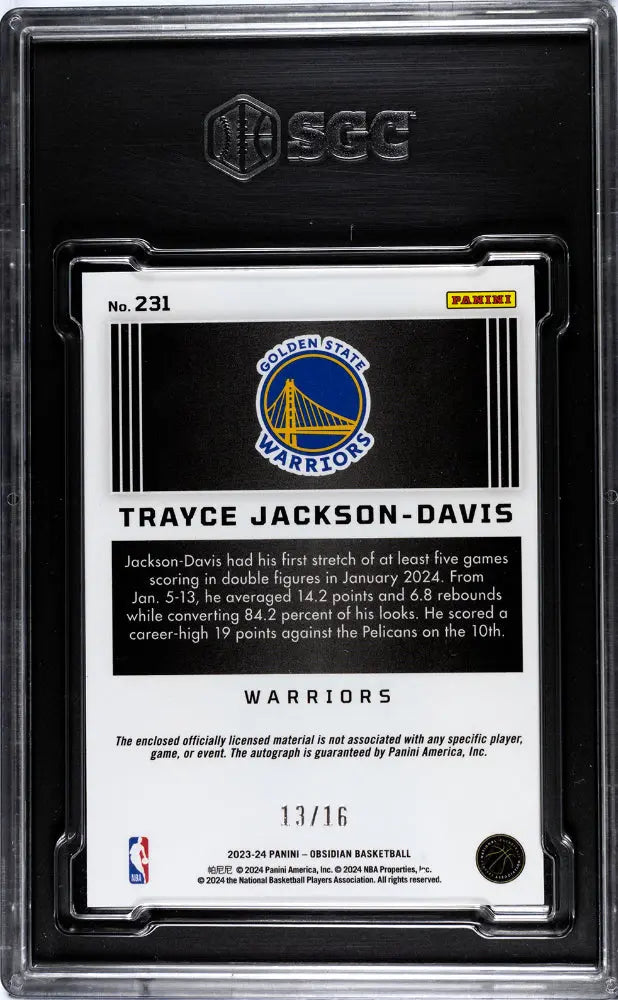 2023 Panini Obsidian Trayce Jackson-Davis RC Jersey Auto EE Blue Flood SGC 9 /16 