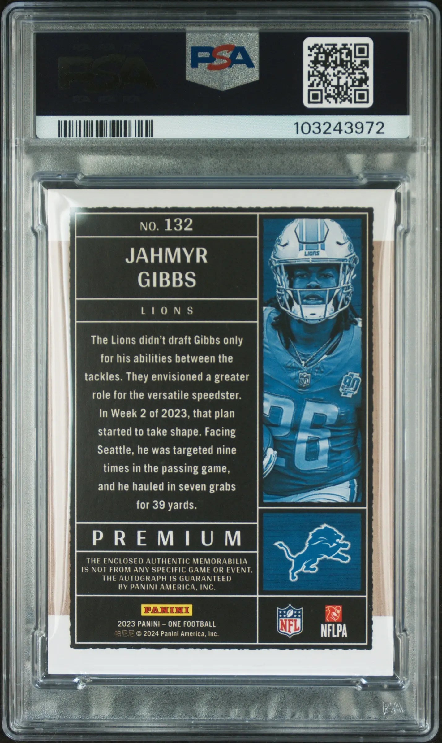 2023 Panini One Jahmyr Gibbs RC Premium Patch Auto Plate PSA Authentic 1/5 