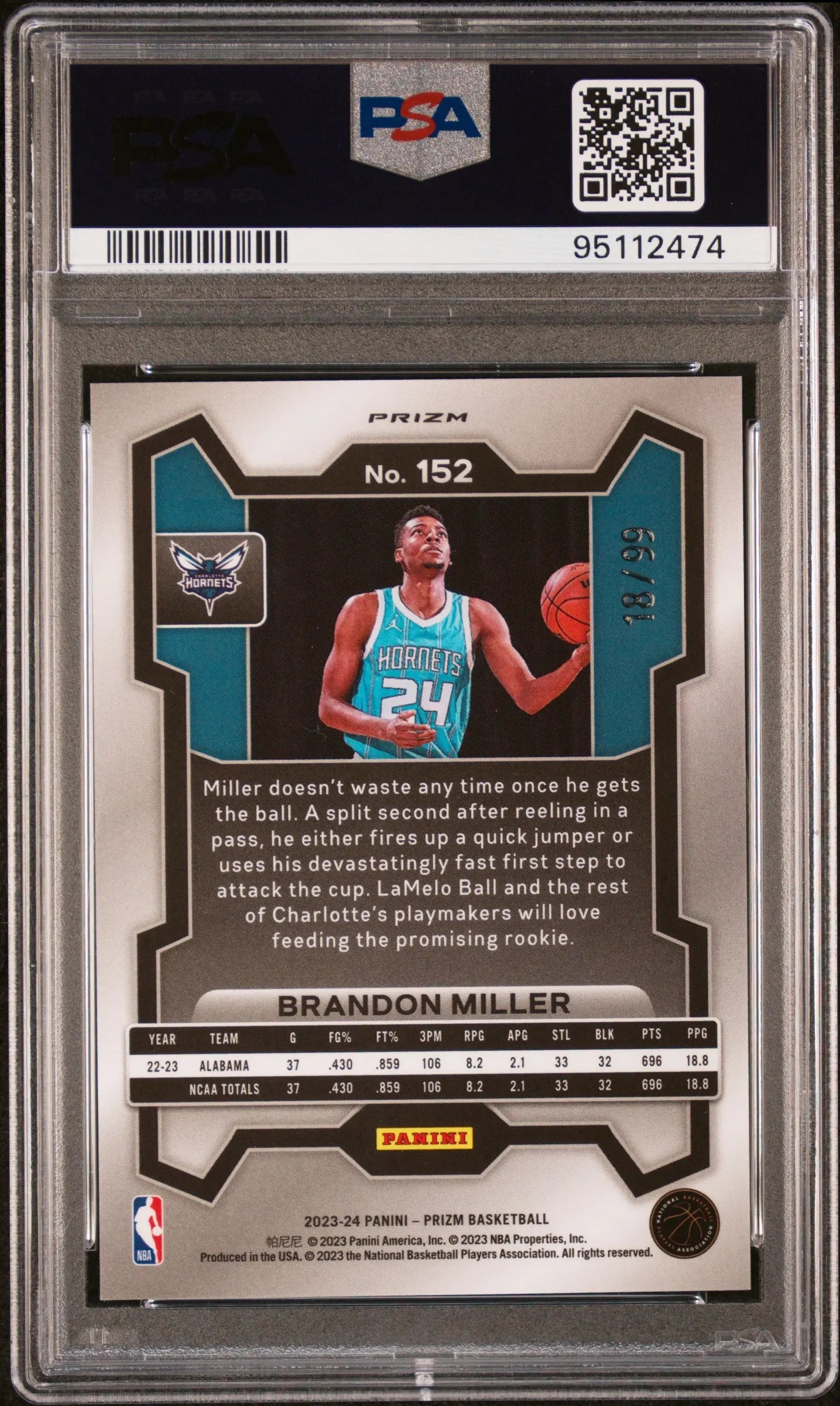 2023 Panini Prizm Basketball Brandon Miller Rookie Blue Seismic PSA 10 /99 