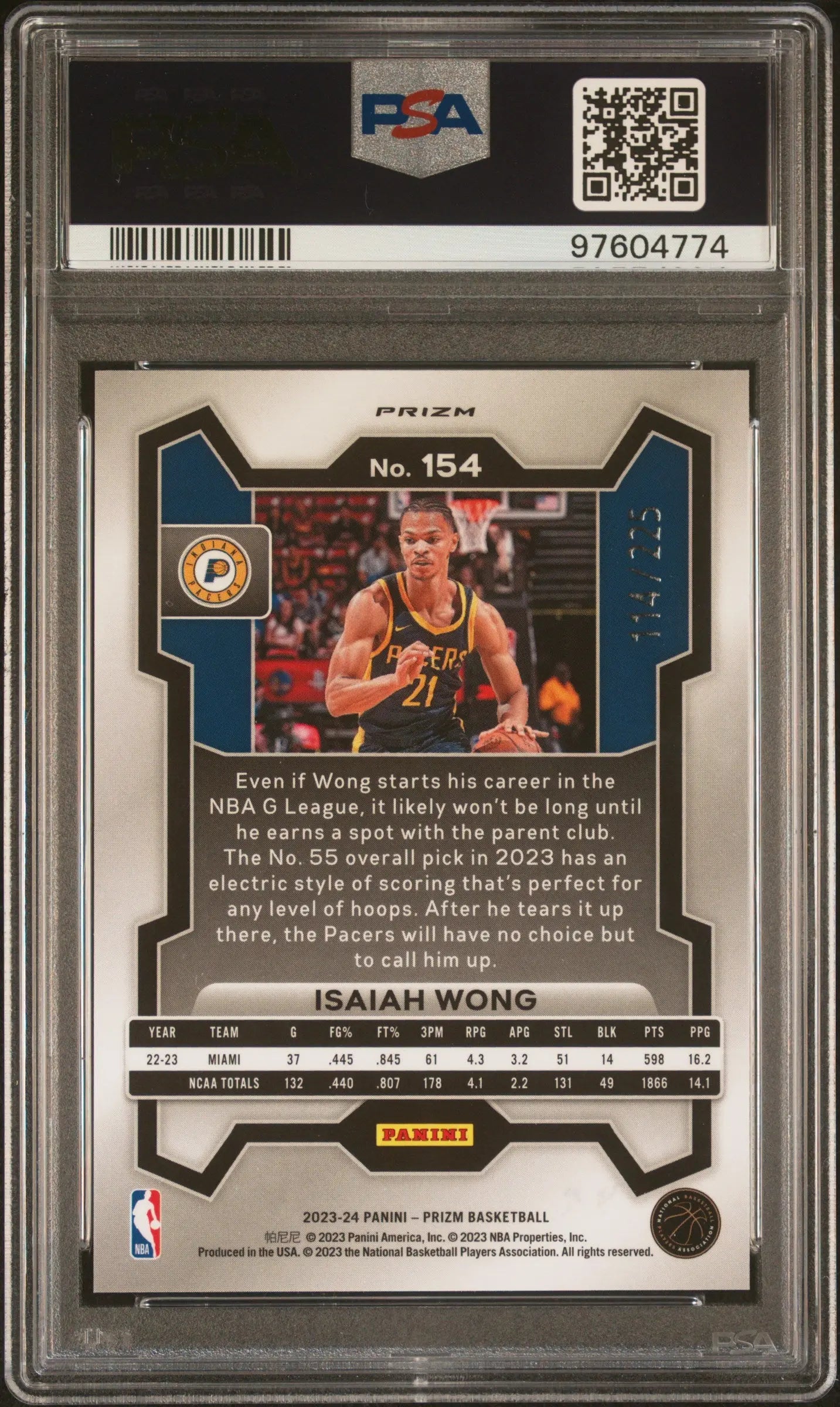 2023 Panini Prizm Basketball Isaiah Wong RC Rookie Teal Ice Prizm PSA 10 /225 