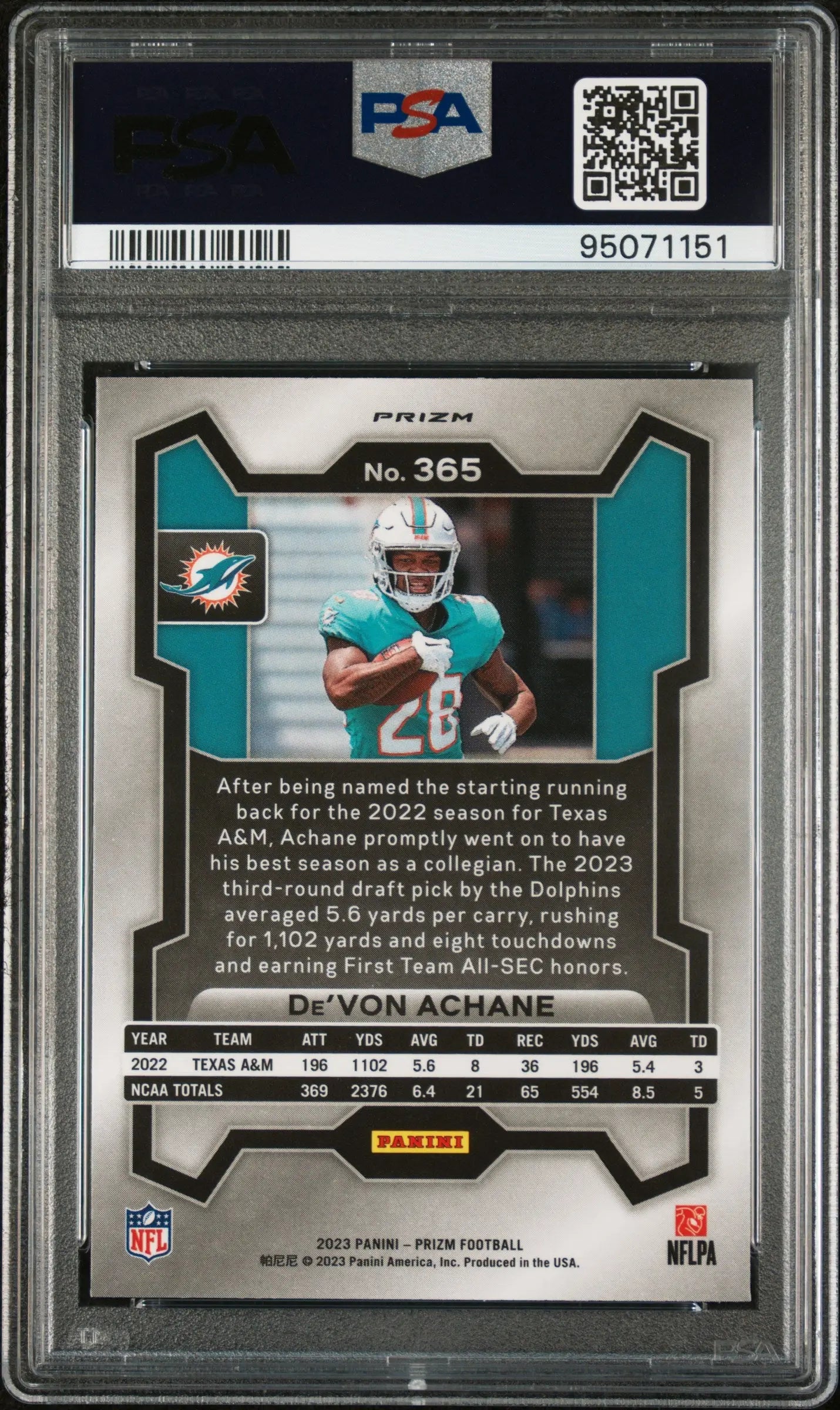 2023 Panini Prizm De'von Achane RC Rookie Neon Green Pulsar PSA 10 