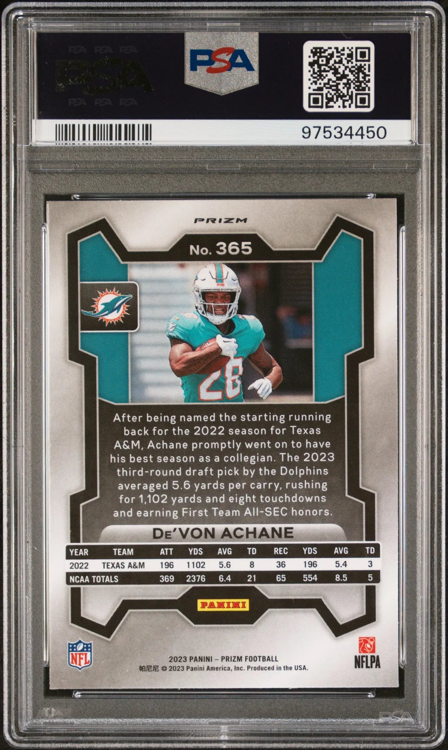 2023 Panini Prizm De'von Achane RC Rookie Orange Ice Prizm PSA 10 