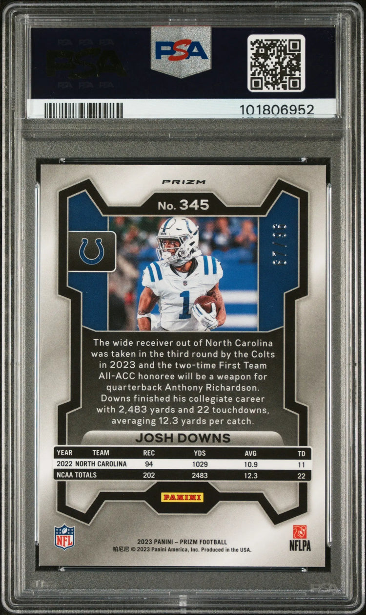 2023 Panini Prizm Football Josh Downs RC Rookie Blue Sparkle Prizm PSA 10 /96 