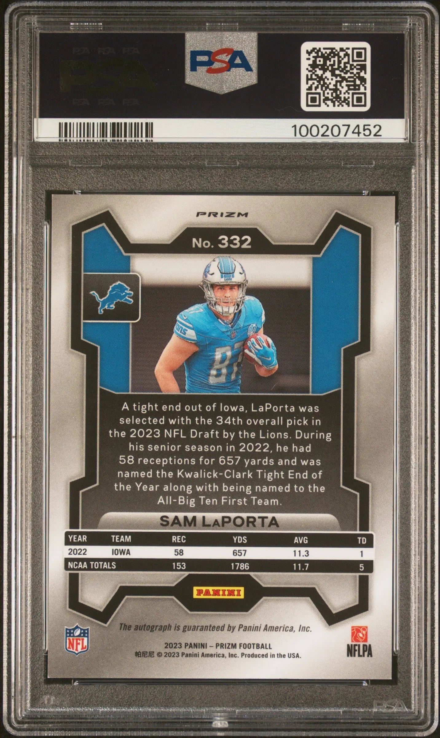 2023 Panini Prizm Sam LaPorta RC Rookie Silver Prizm Autograph PSA 9 