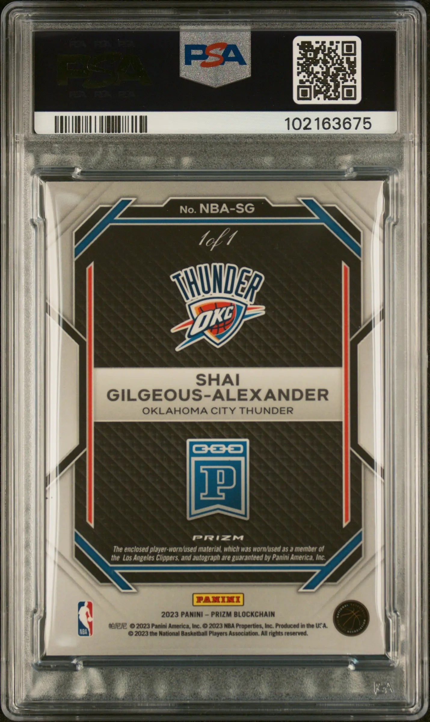 2023 Prizm Blockchain S. Gilgeous-Alexander NBA Prime Auto PSA Authentic 1/1 