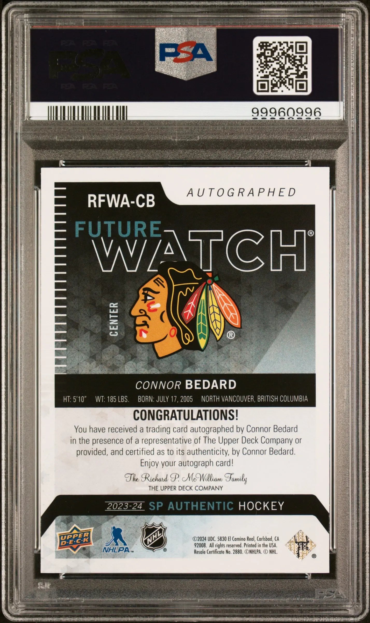 2023 SP Authentic 2013-14 Retro Autograph Future Watch Connor Bedard PSA 10 /199 