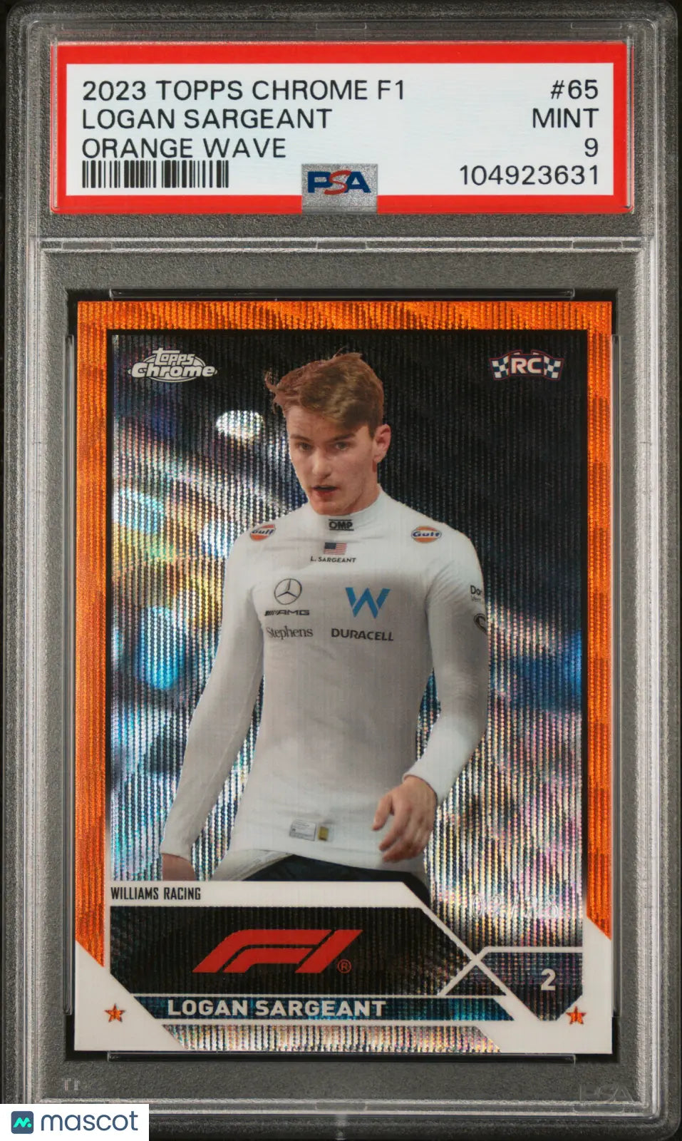 2023 Topps Chrome Formula 1 Logan Sargeant RC Rookie Orange Wave PSA 9 /25 