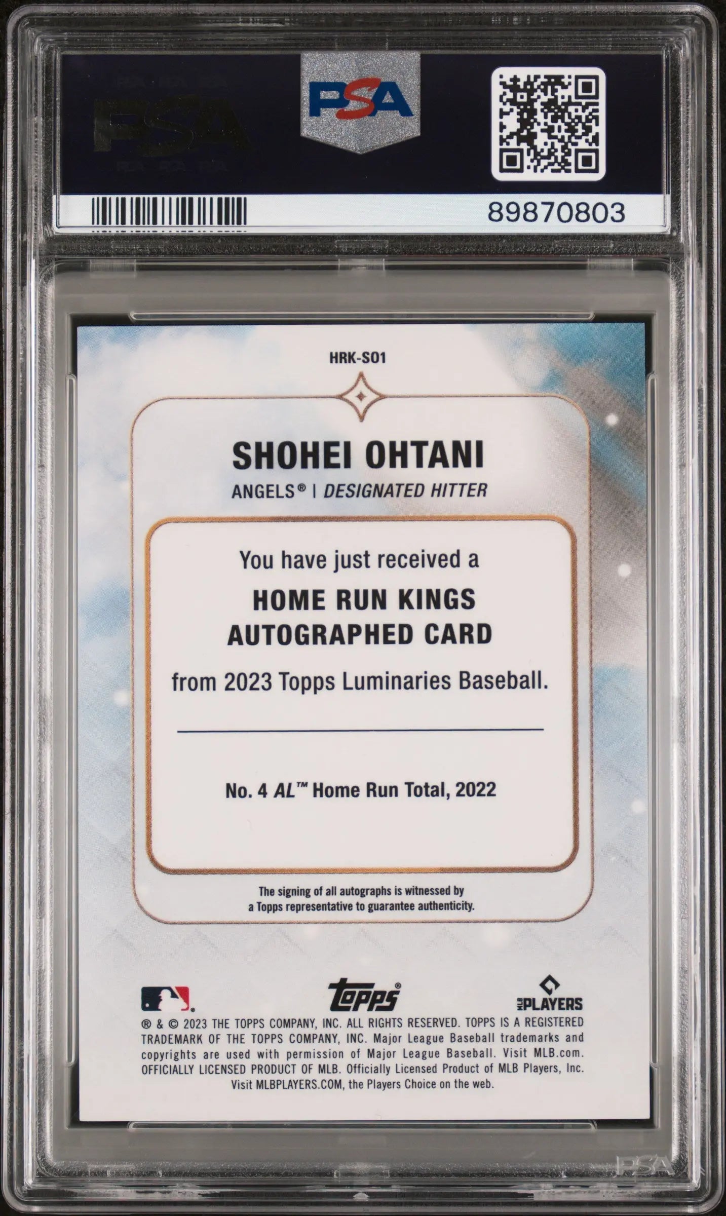 2023 Topps Luminaries Home Run Kings Autographs Shohei Ohtani PSA 10 /10 