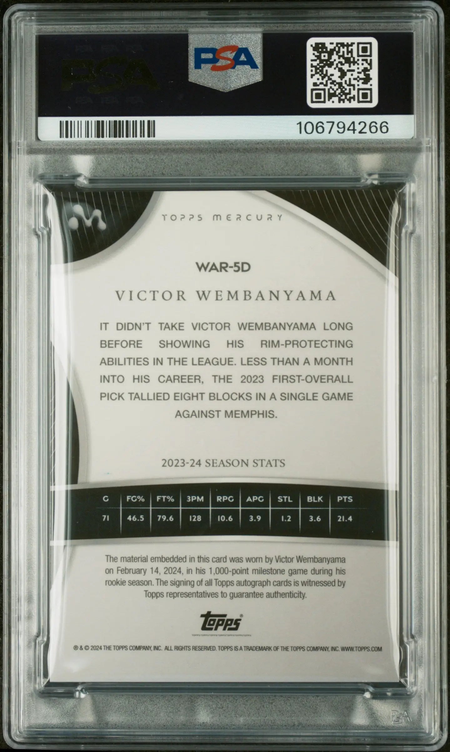 2023 Topps Mercury: Victor Wembanyama RC Rookie Patch Auto Autograph PSA 8 /35 