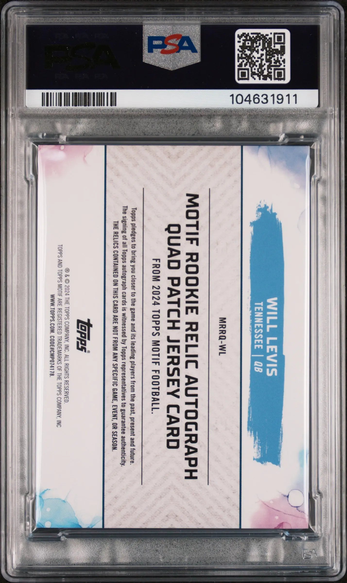 2023 Topps Motif Motif RC Relic Autograph Auto Quad Relic Will Levis PSA 9 /15 