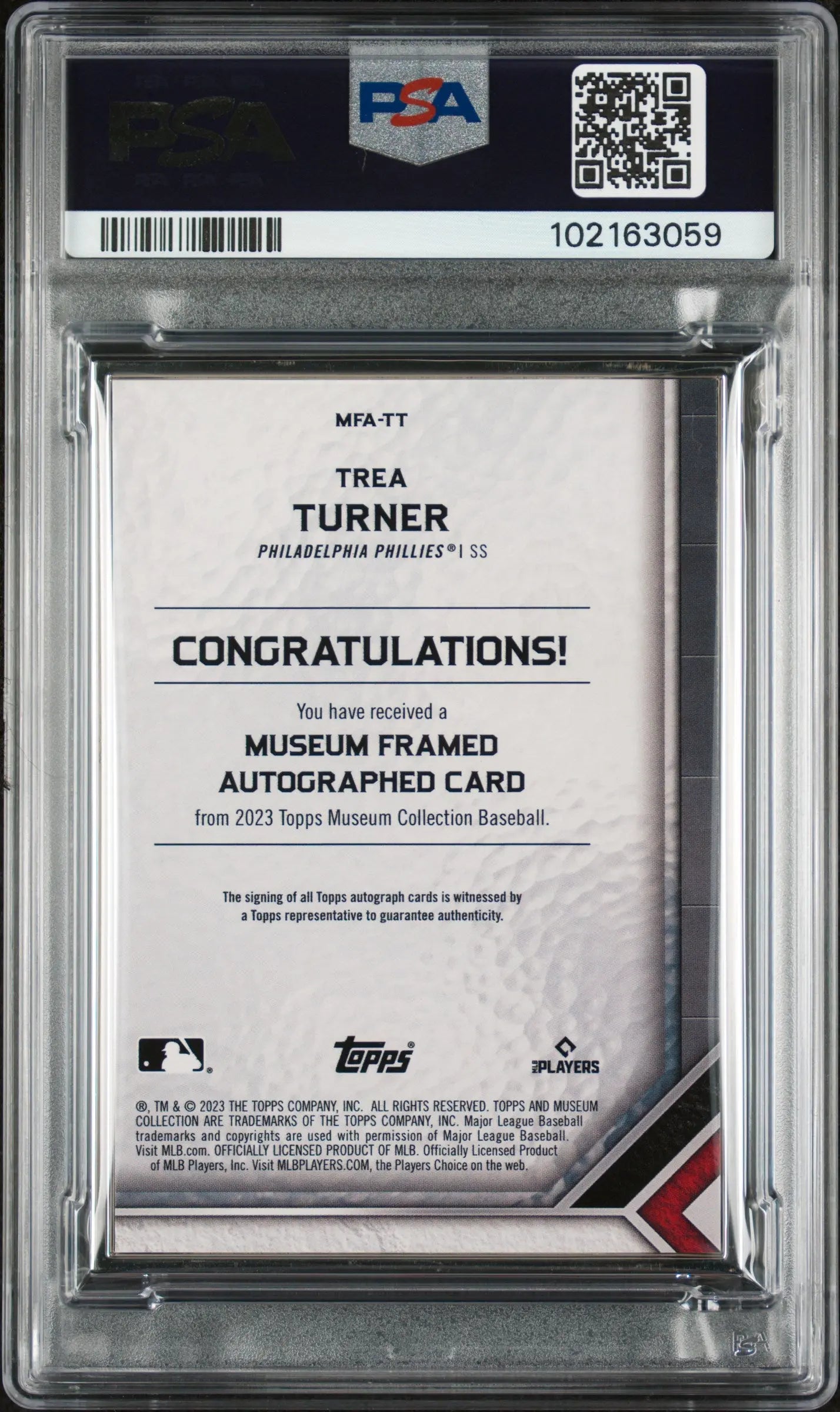 2023 Topps Museum Collection Silver Framed Autographs Trea Turner PSA 9 /15 