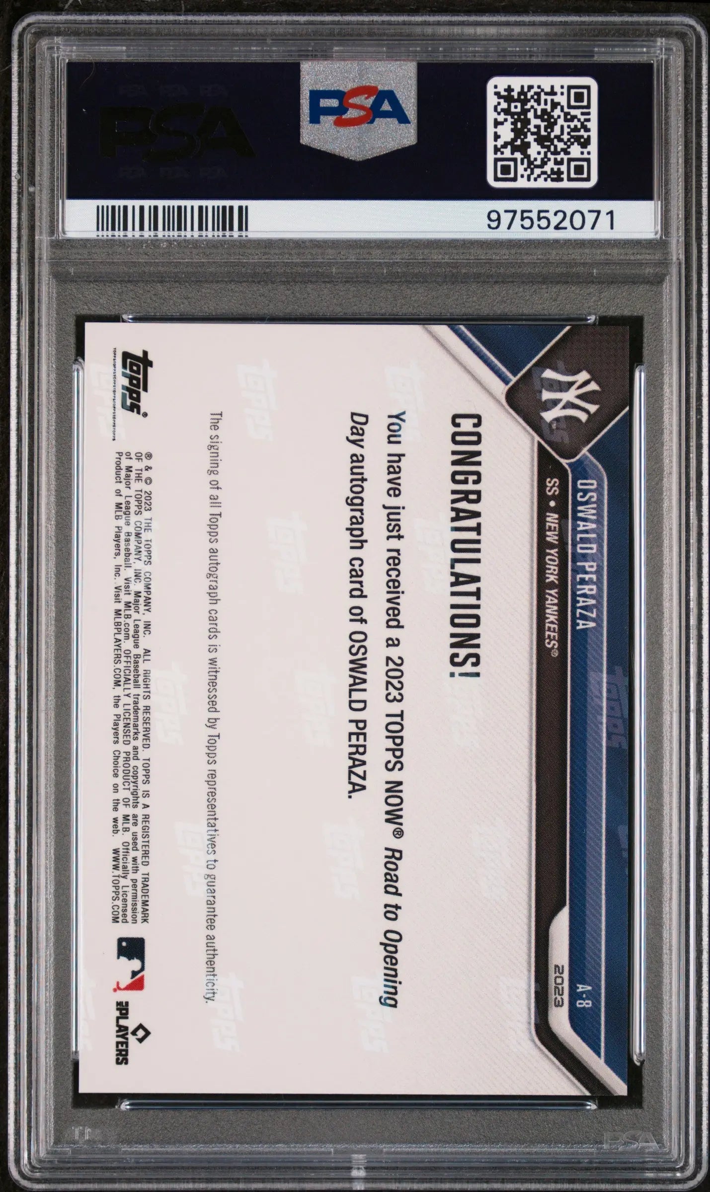 2023 Topps Now Road To Opening Day Oswald Peraza RC Blue Autographs PSA 10 /49 