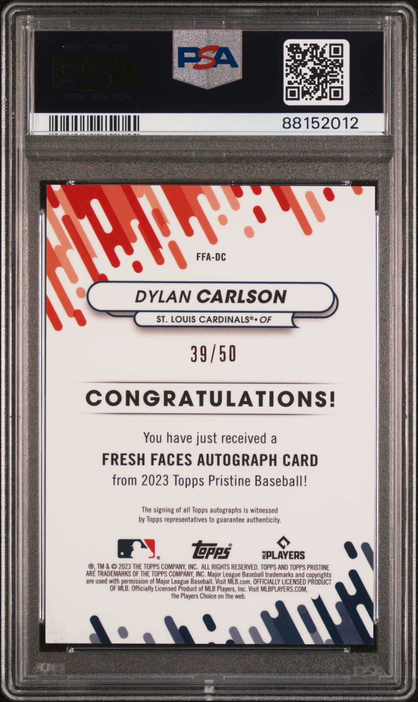 2023 Topps Pristine Fresh Faces Autograph Dylan Carlson Ffadc Psa 10 2