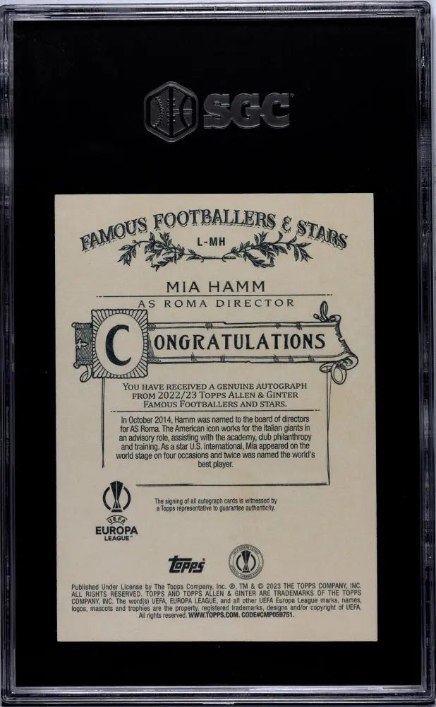 2023 Topps UEFA Club Competitions Mia Hamm A&G Autograph SGC 9.5 #L-MH 