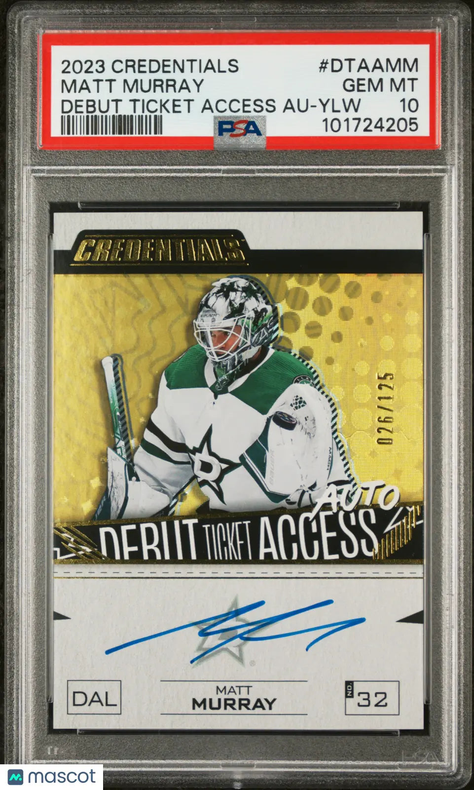 2023 UD Credentials Debut Ticket Access Auto Yellow Matt Murray PSA 10 /125 