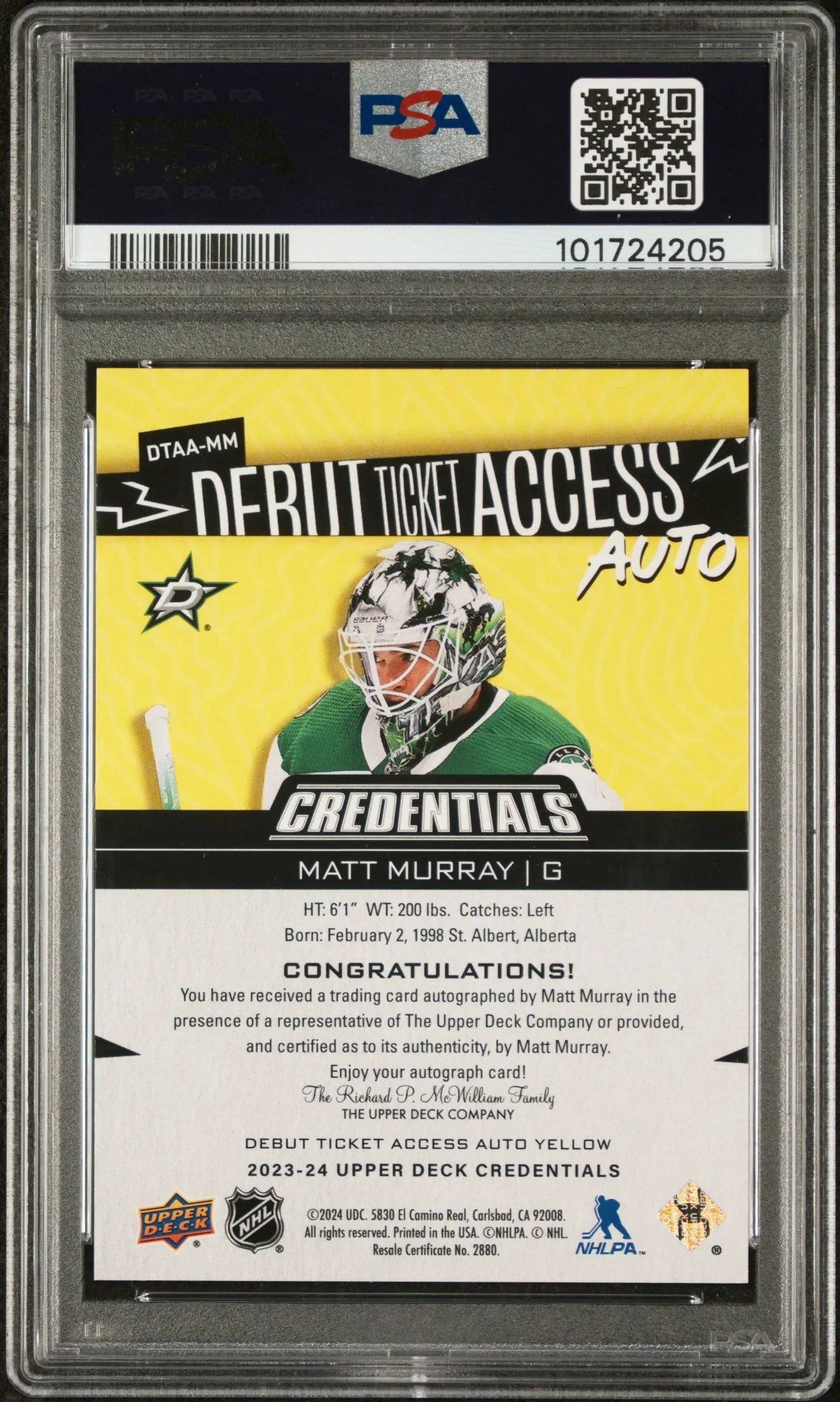 2023 UD Credentials Debut Ticket Access Auto Yellow Matt Murray PSA 10 /125 