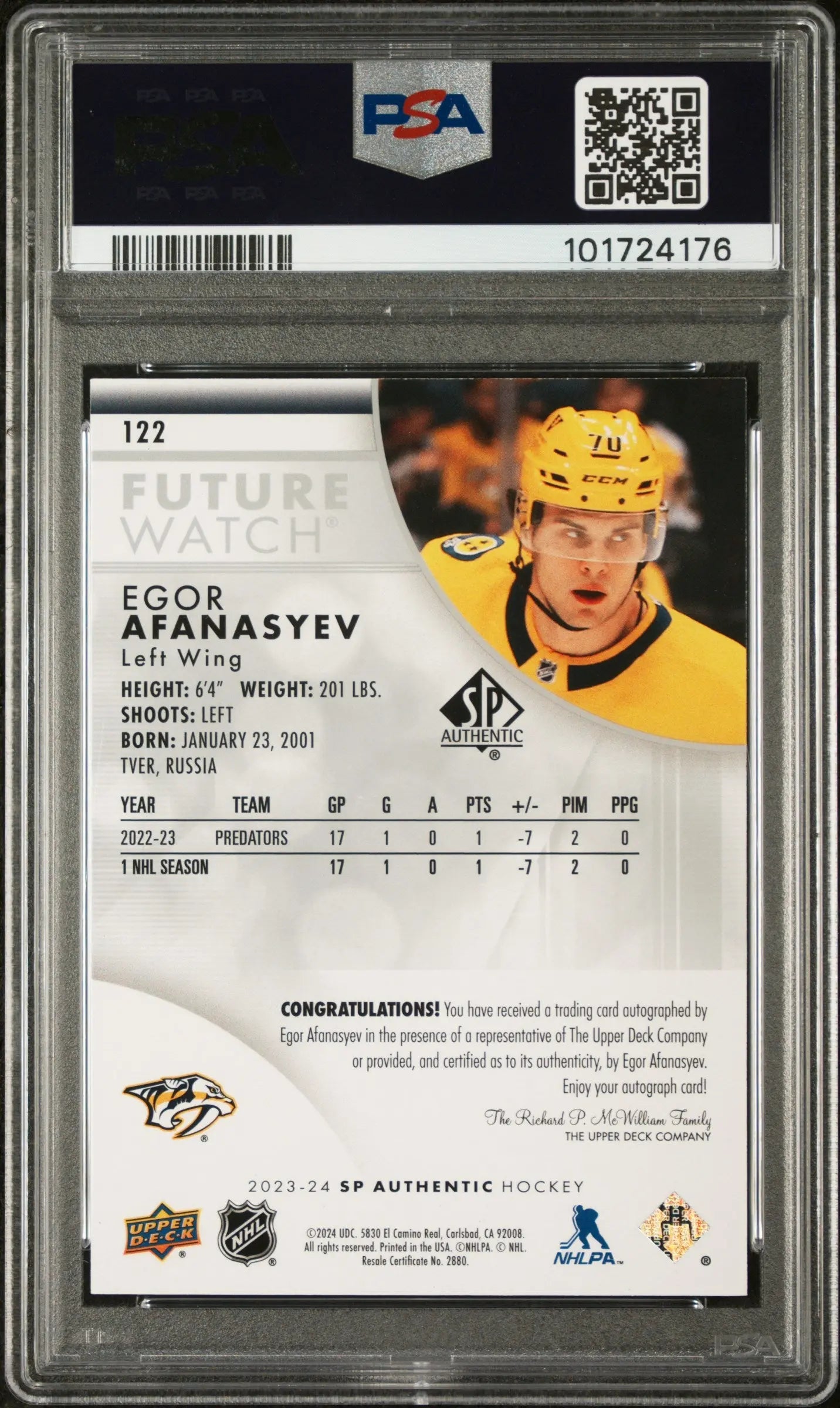 2023 UD SP Authentic Egor Afanasyev Future Watch Autograph PSA 8 /999 