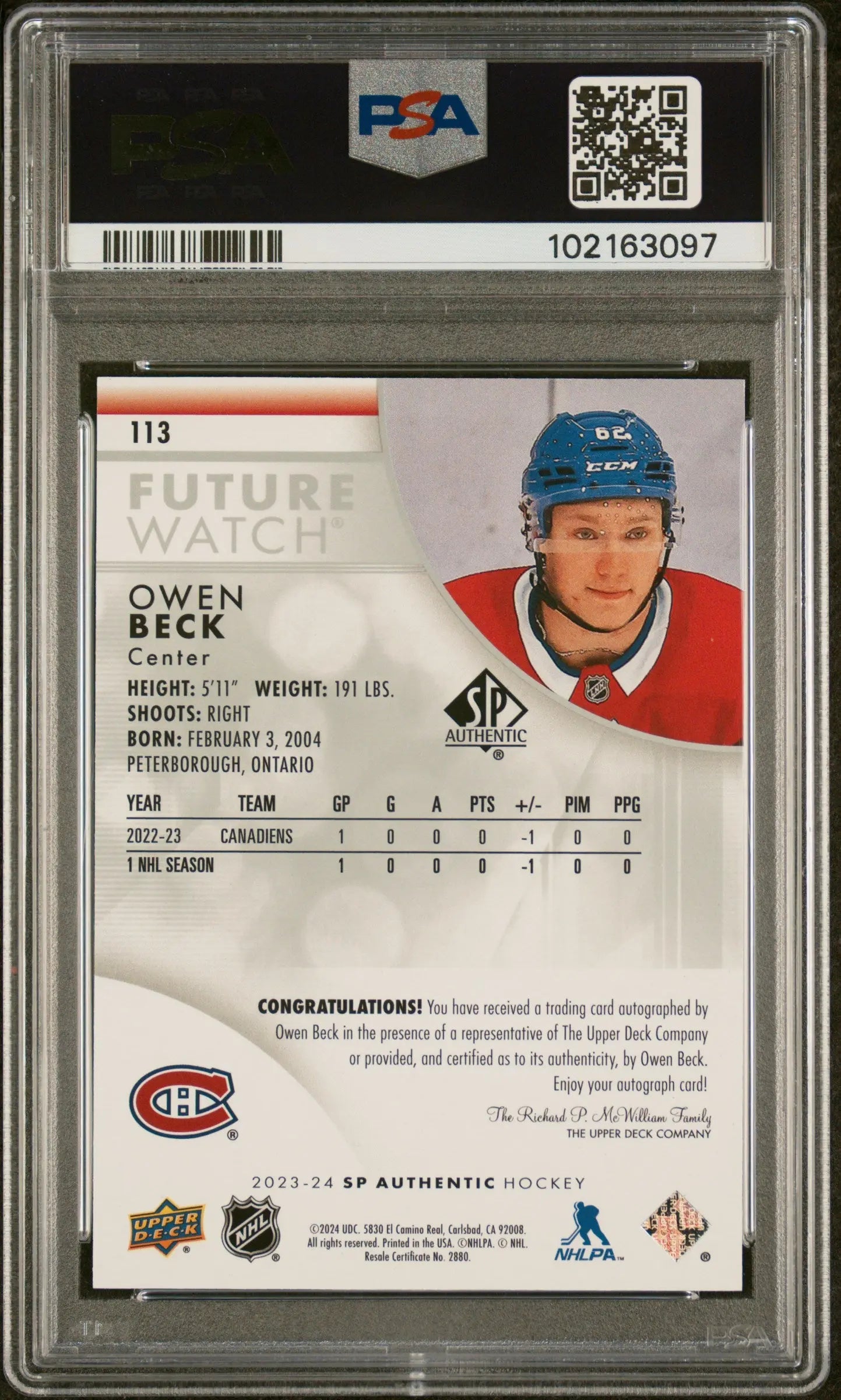 2023 UD SP Authentic Owen Beck Future Watch Auto PSA 10 /999 