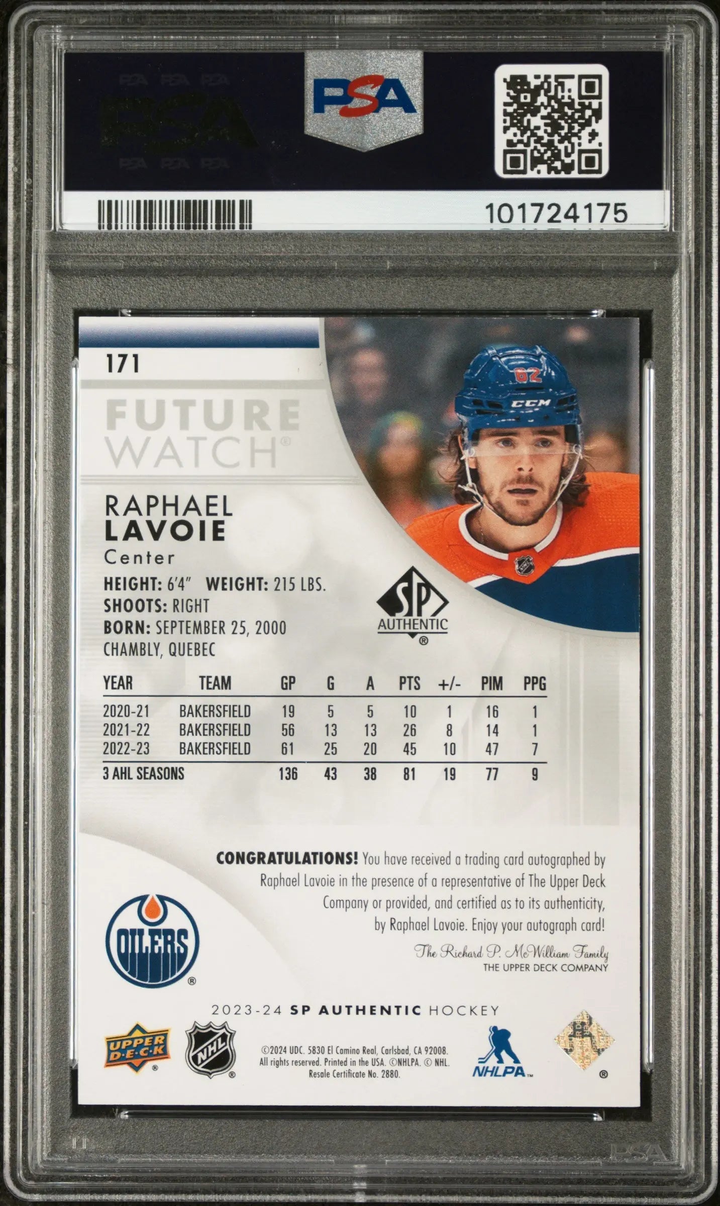 2023 UD SP Authentic Raphael Lavoie Future Watch Autograph PSA 9 /999 