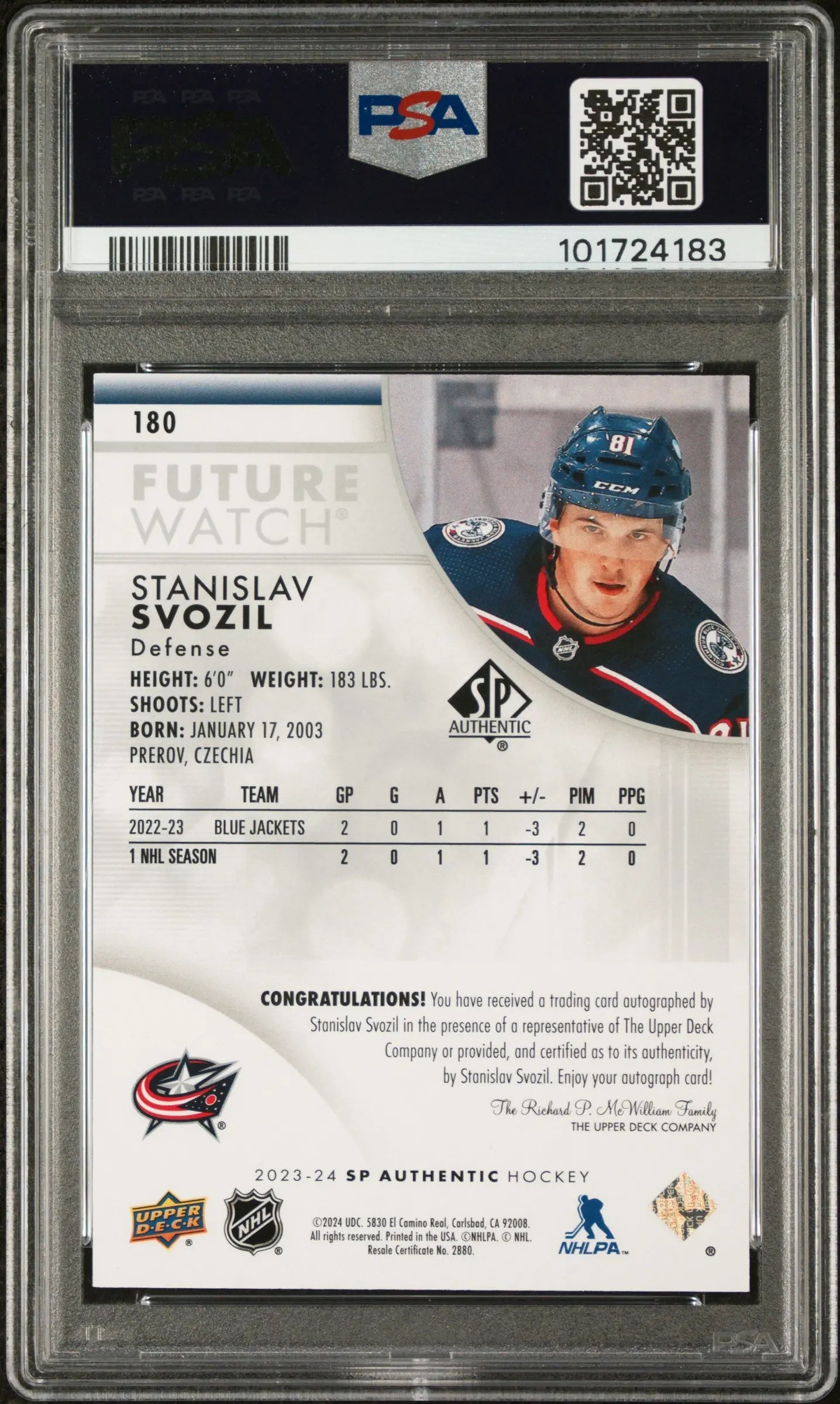 2023 UD SP Authentic Stanislav Svozil Future Watch Autograph PSA 9 /999 